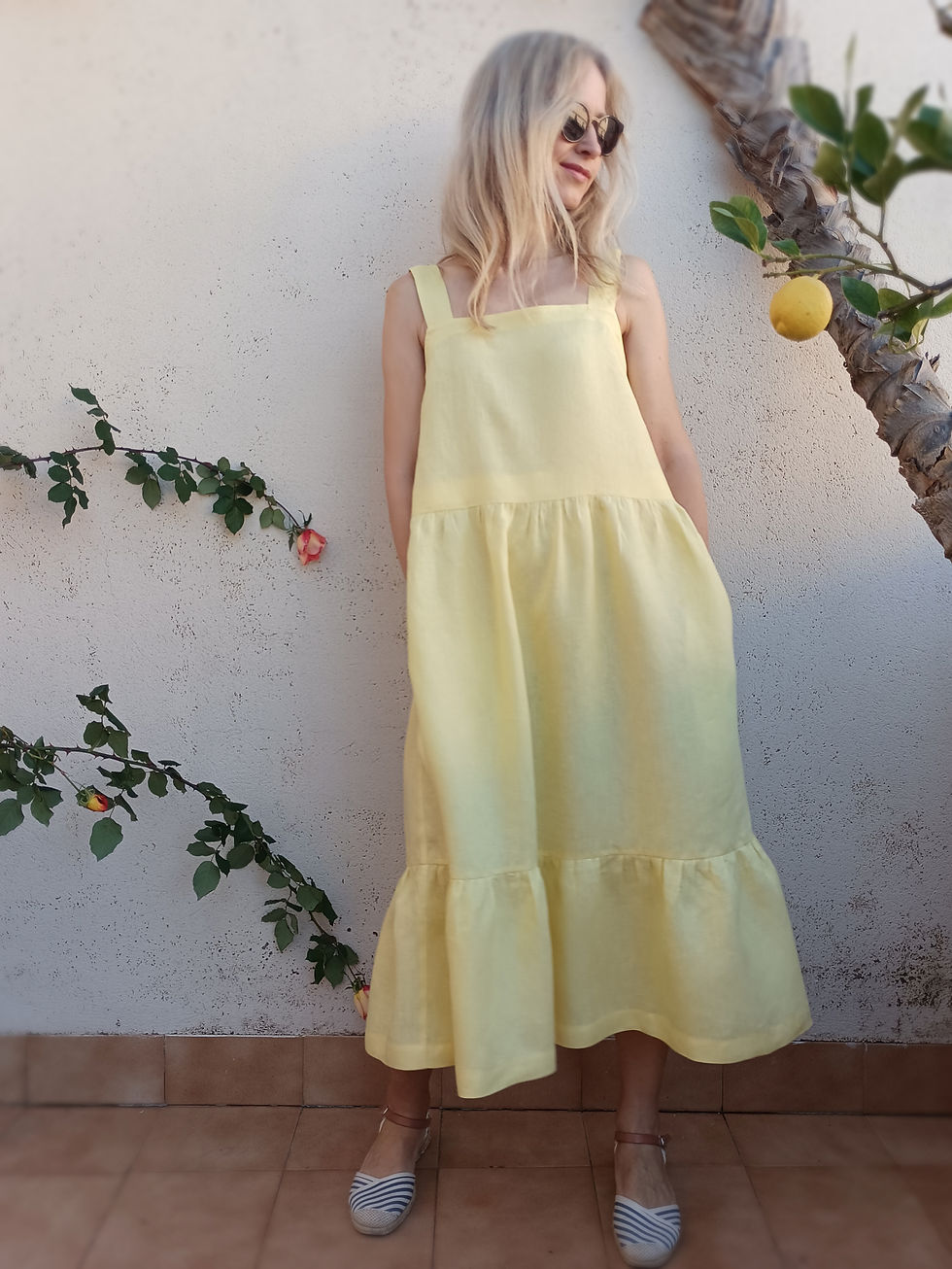 Thumbnail: Yellow / MINI ASTER / tiered strap-dress with pockets / medium weight linen / handmade by Kadrika