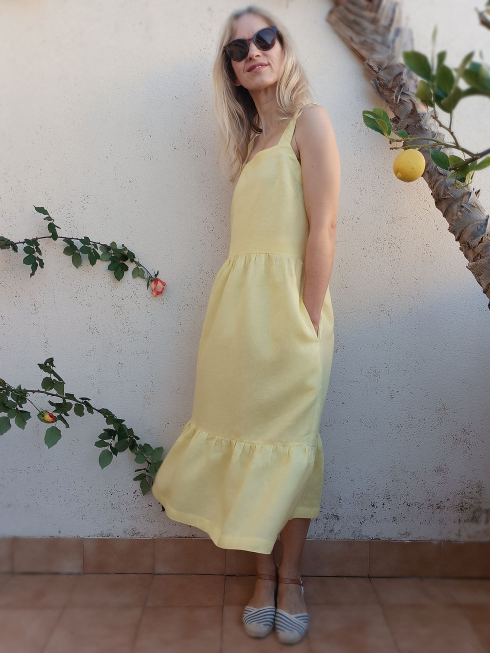 Thumbnail: Yellow / MINI ASTER / tiered strap-dress with pockets / medium weight linen / handmade by Kadrika