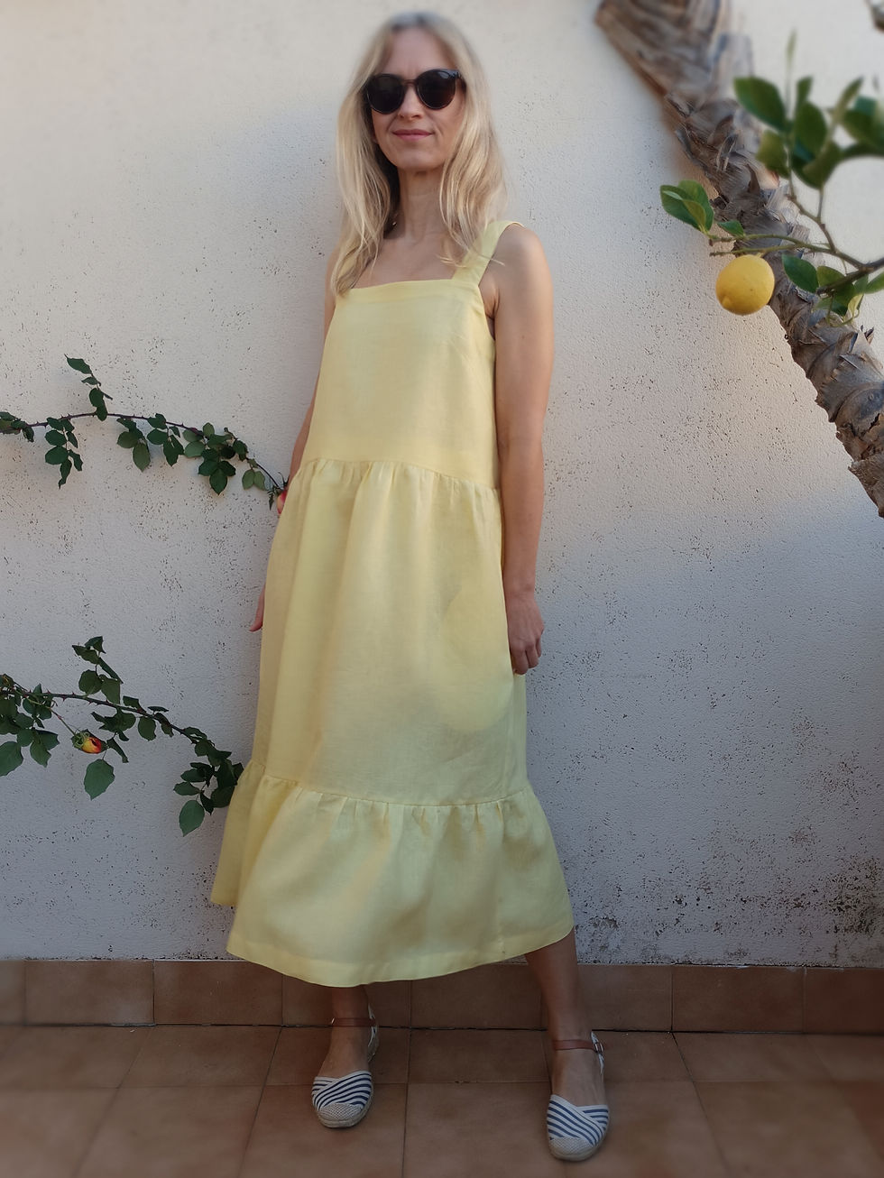 Thumbnail: Yellow / MINI ASTER / tiered strap-dress with pockets / medium weight linen / handmade by Kadrika