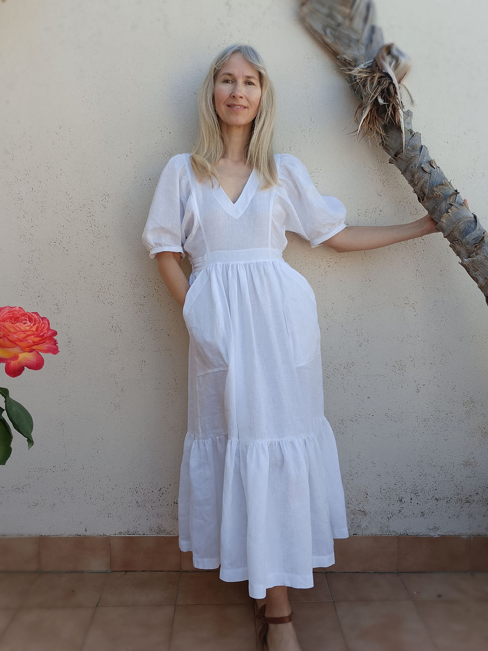 Thumbnail: White / RANUNCULUS / kimono-sleeve tiered dress with pockets / medium weight linen / handmade by Kadrika