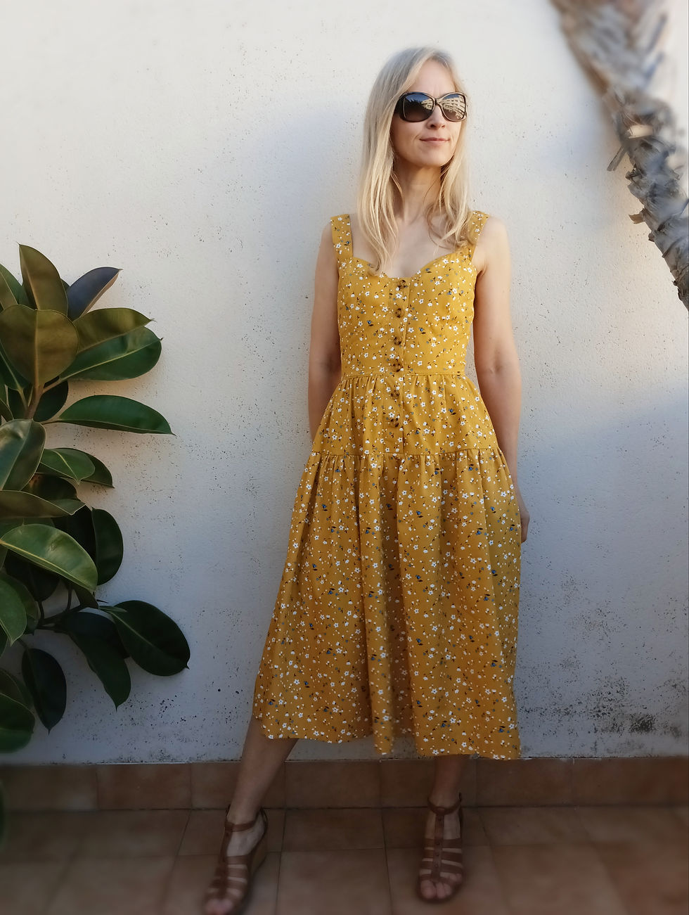 Thumbnail: Yellow / TYPHA / button-front tiered strap-dress / floral cotton twill / handmade by Kadrika