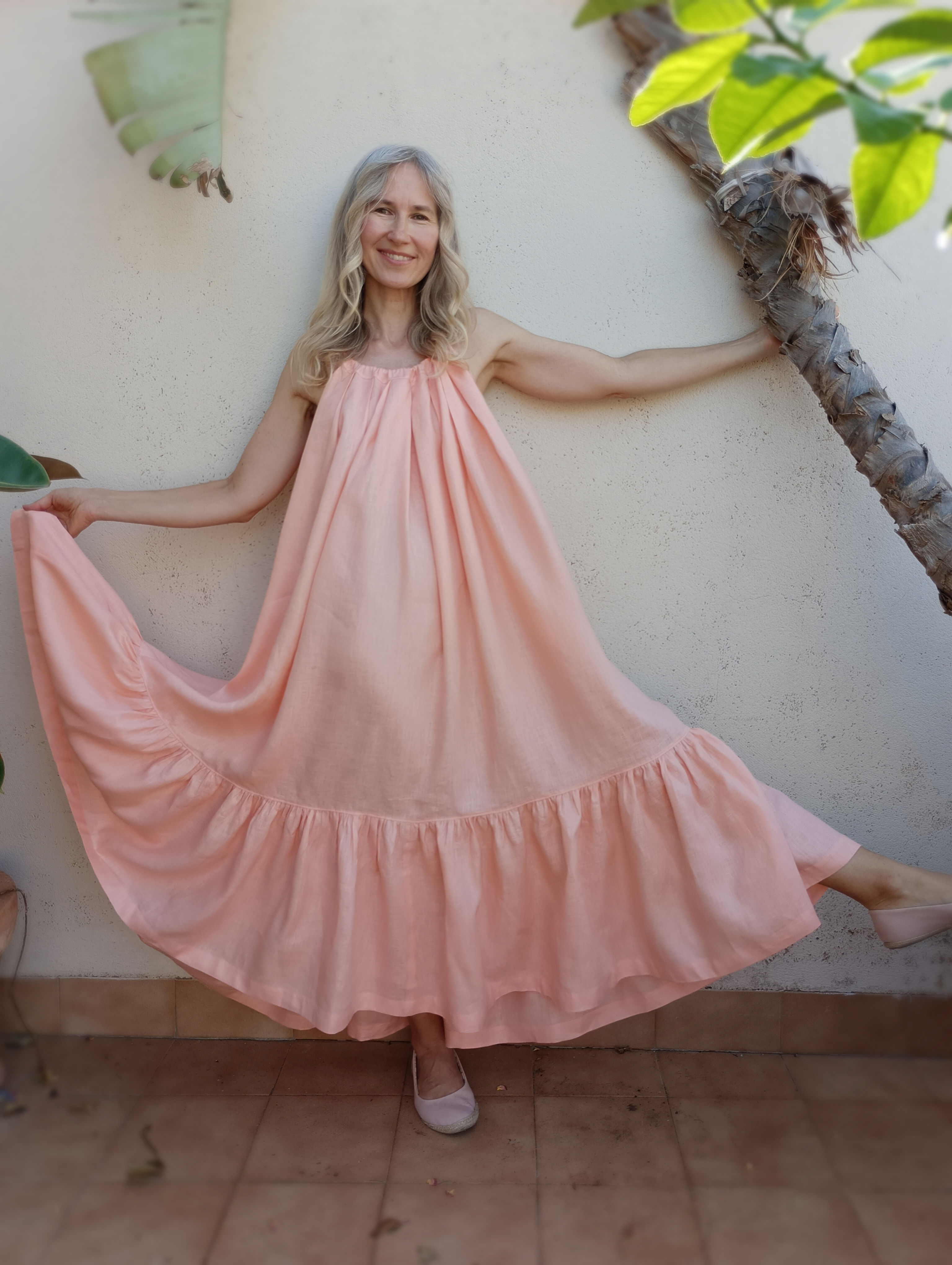 Peach / HIBISCUS / loose tiered maxi-dress with pockets and belt / lightweight linen / handmade by Kadrika