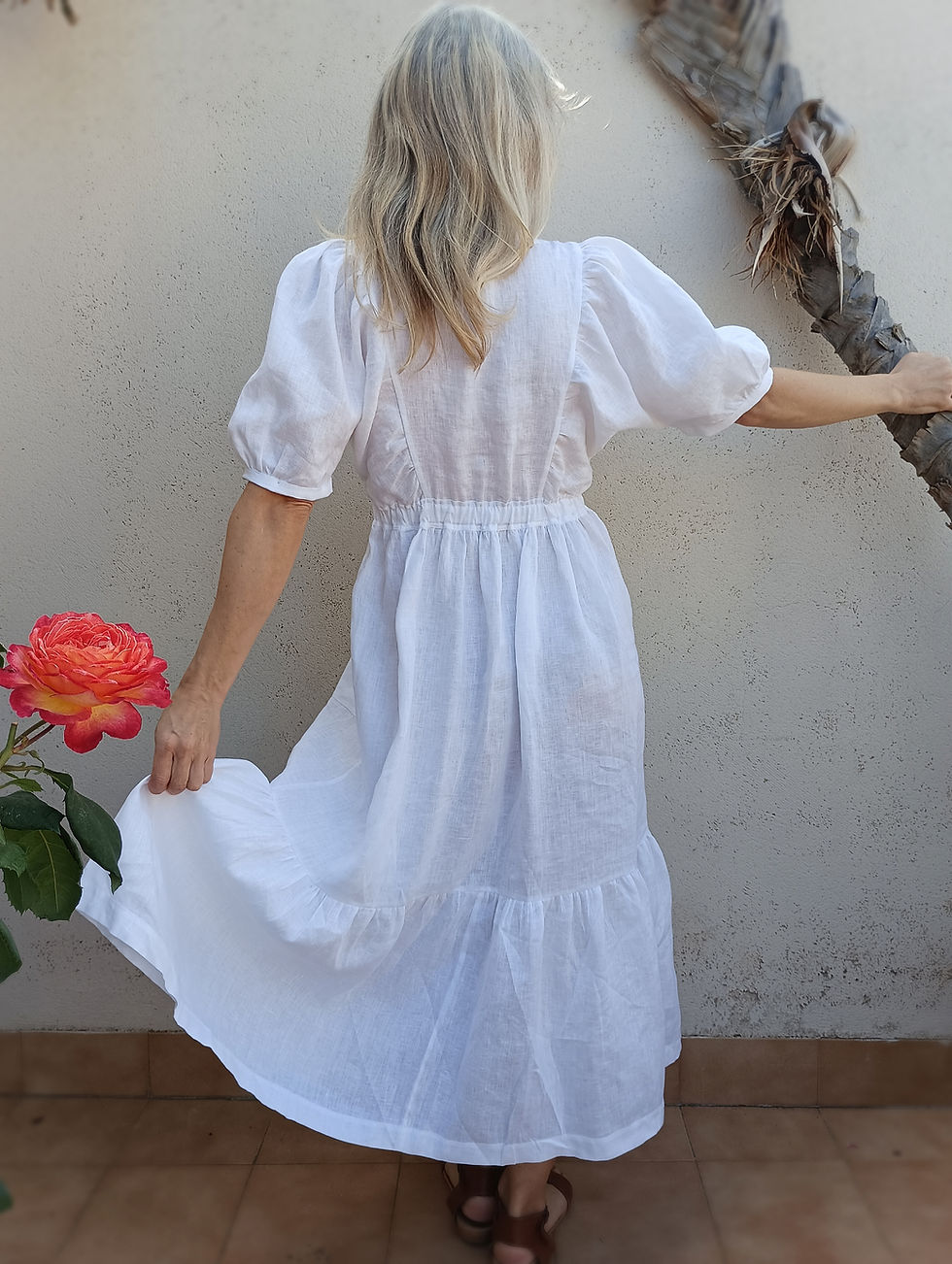 Thumbnail: White / RANUNCULUS / kimono-sleeve tiered dress with pockets / medium weight linen / handmade by Kadrika