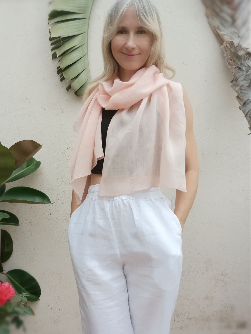 Thumbnail: Pale pink LONG ROSE scarf, lightweight ramie, handmade by Kadrika.