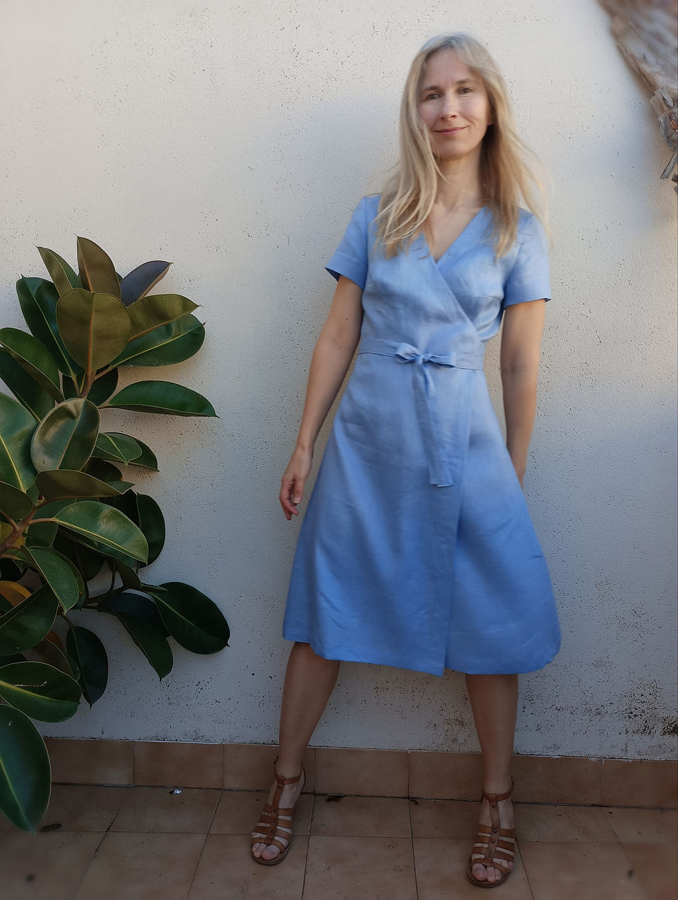 Thumbnail: Lupine blue / SNOWDROP / short-sleeve A-line midi length wrap-dress / medium weight linen / handmade by Kadrika