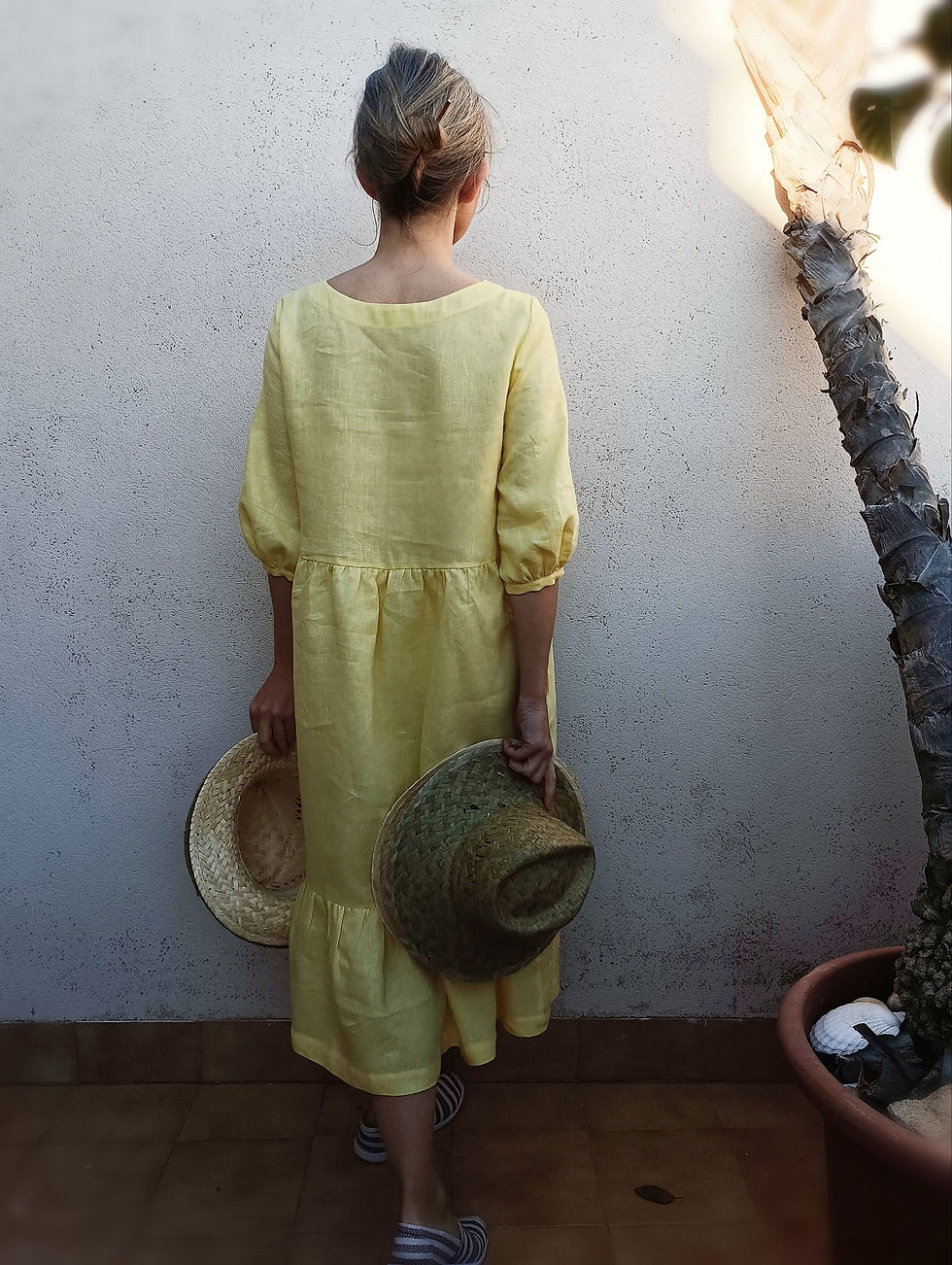Thumbnail: Yellow / YELLOW ASTER / 3/4 puff-sleeve tiered dress with pockets / medium weight linen / handmade by Kadrika