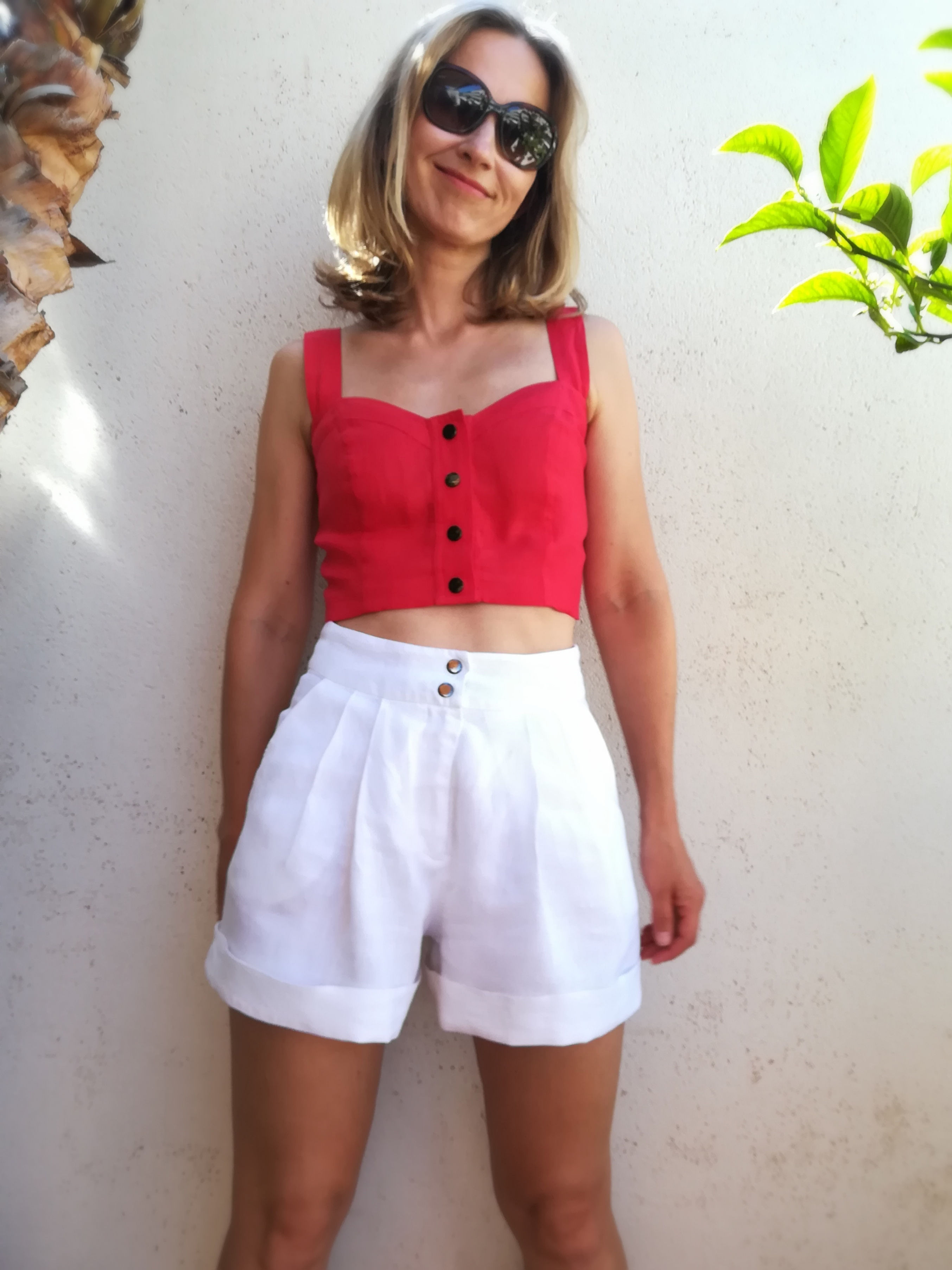 White / ROSE ICEBERG / wide shorts with side pockets / medium weight linen / handmade by Kadrika