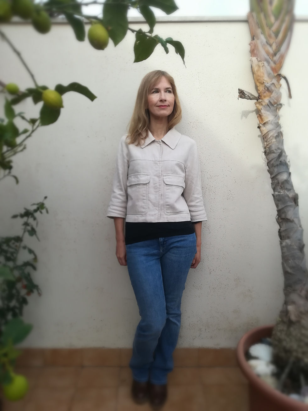 Thumbnail: Beige / DANDELION / cropped jacket with 3/4 sleeves / ramie tweed / handmade by Kadrika