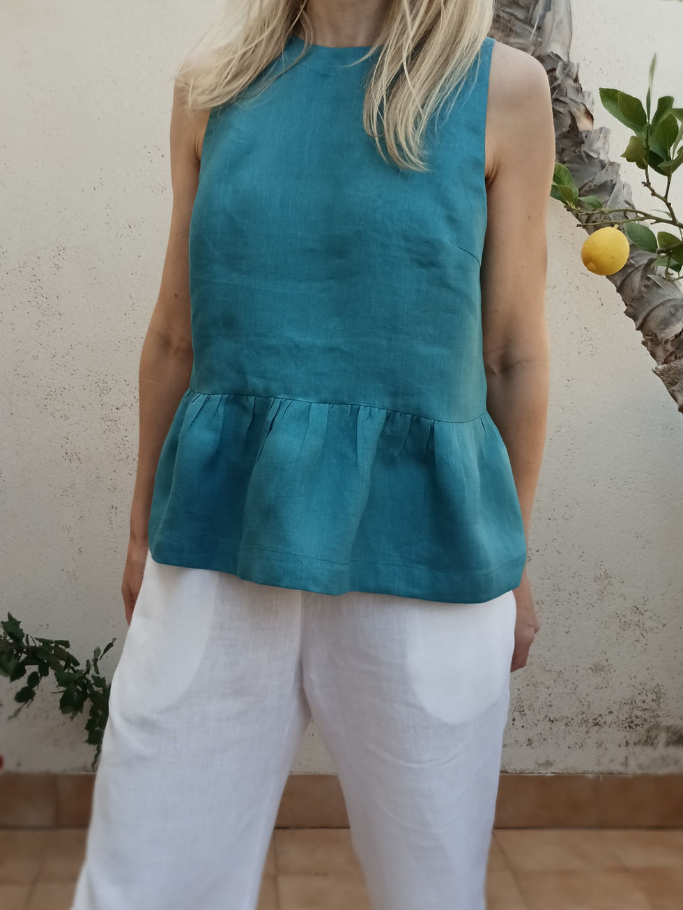 Thumbnail: Teal blue / SALVIA / sleeveless peplum top  / medium weight linen / handmade by Kadrika