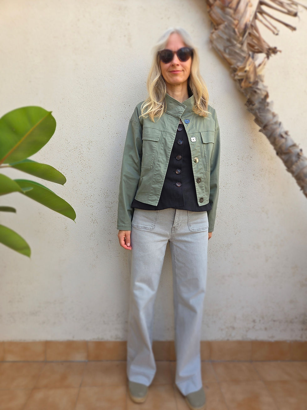 Thumbnail: Green / CELANDINE / bomber jacket with funnel collar / elastic cotton twill / handmade by Kadrika