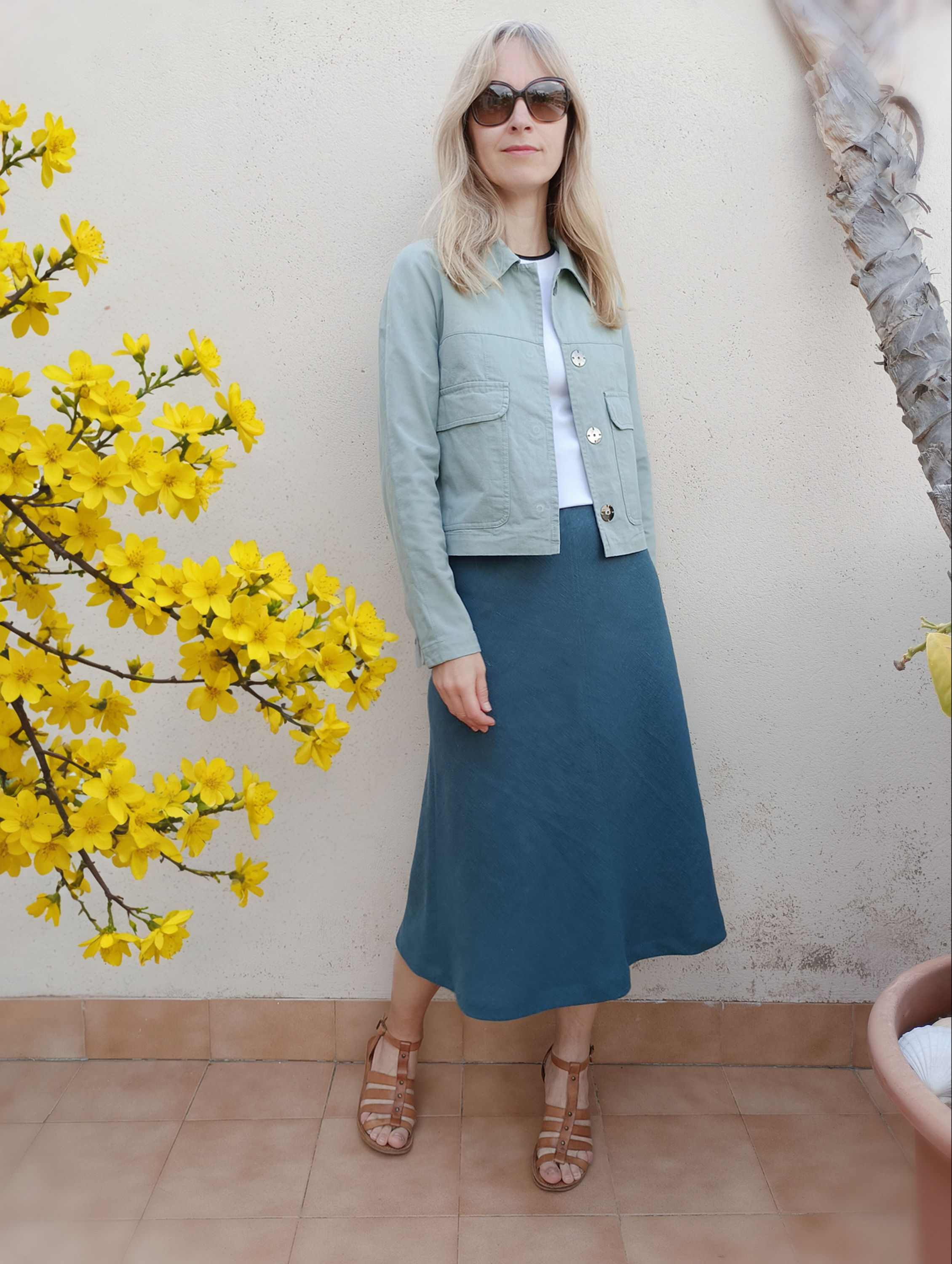 Teal blue / CALLA LILY / bias-cut midi skirt / ramie tweed / handmade by Kadrika