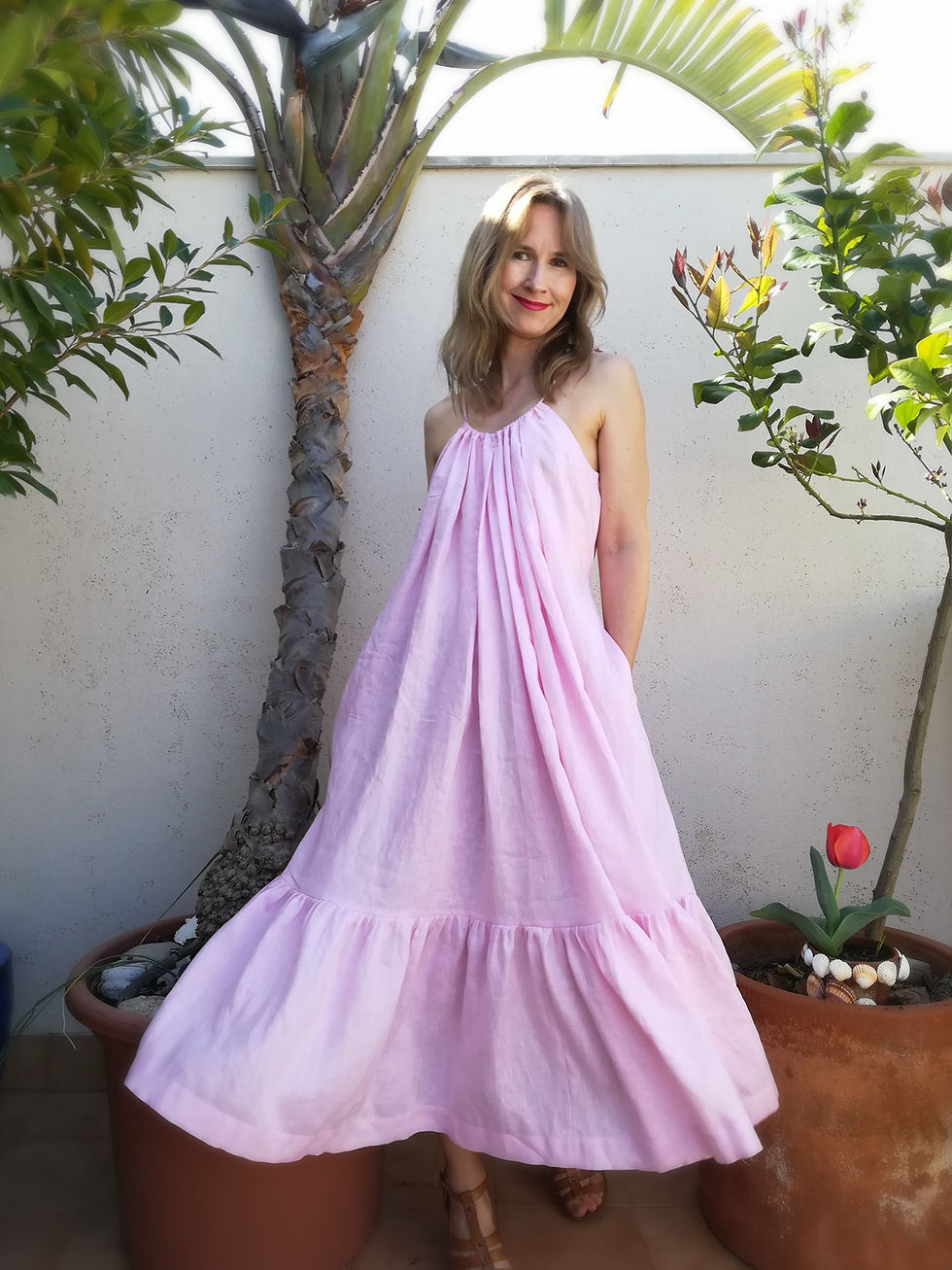 Thumbnail: Fresh pink / HIBISCUS / loose tiered maxi-dress with pockets and belt / lightweight linen / handmade by Kadrika