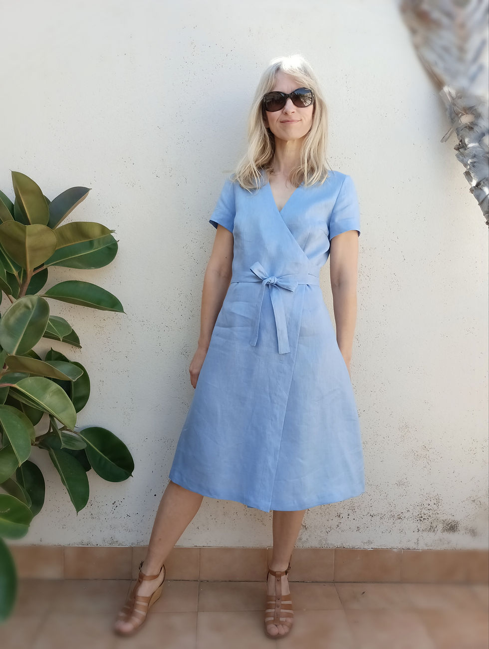 Thumbnail: Lupine blue / SNOWDROP / short-sleeve A-line midi length wrap-dress / medium weight linen / handmade by Kadrika