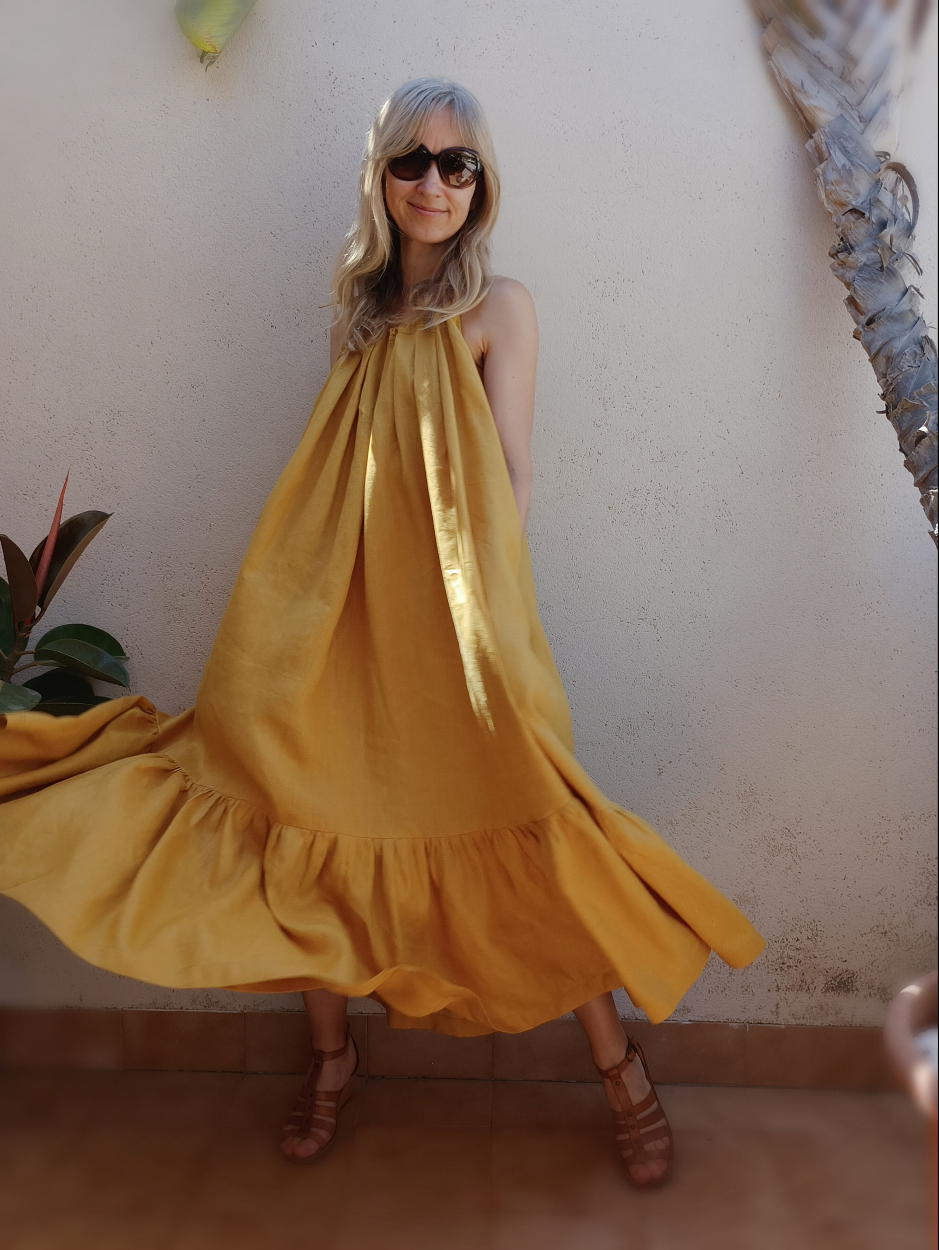 Mustard / HIBISCUS / loose tiered maxi-dress with pockets and belt / lightweight linen / handmade by Kadrika