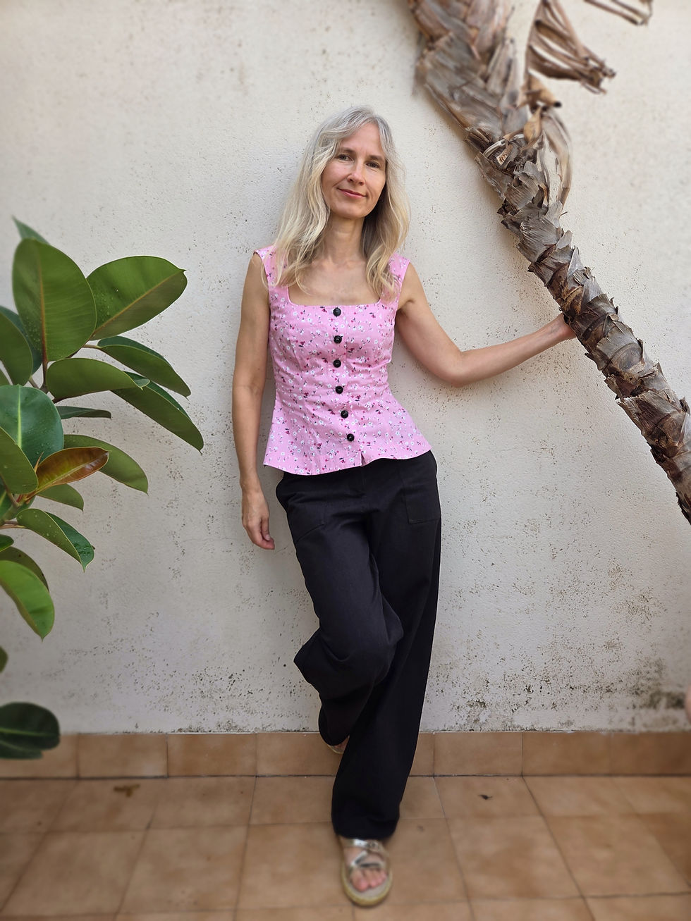 Thumbnail: Pink / RUDBECKIA / button-front peplum top / floral cotton twill / handmade by Kadrika