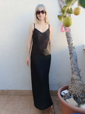 Bias cut, maxi slip-dress, lightweight linen, black