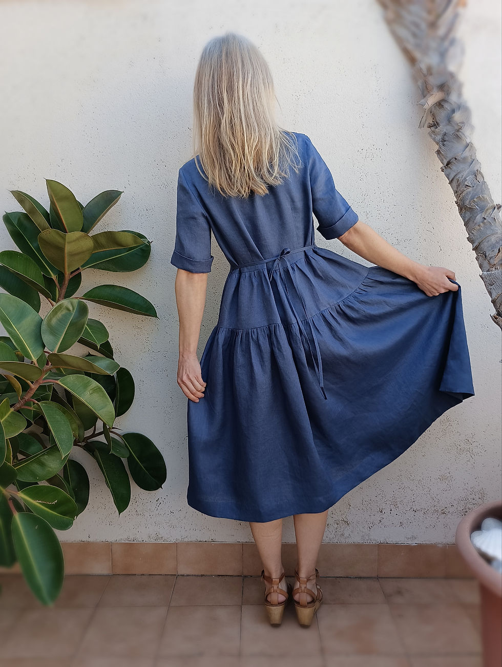 Thumbnail: Blue / BLUE LIANTRIS / button-front 3/4-sleeve dress / medium weight linen / handmade by Kadrika