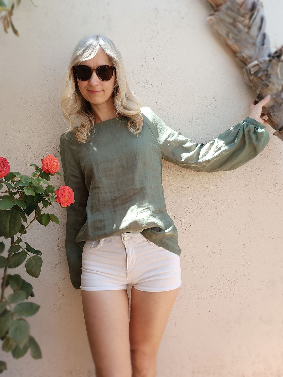Thumbnail: Boat neck top with long puff sleeves, raglan cut / CORN / Dusty green