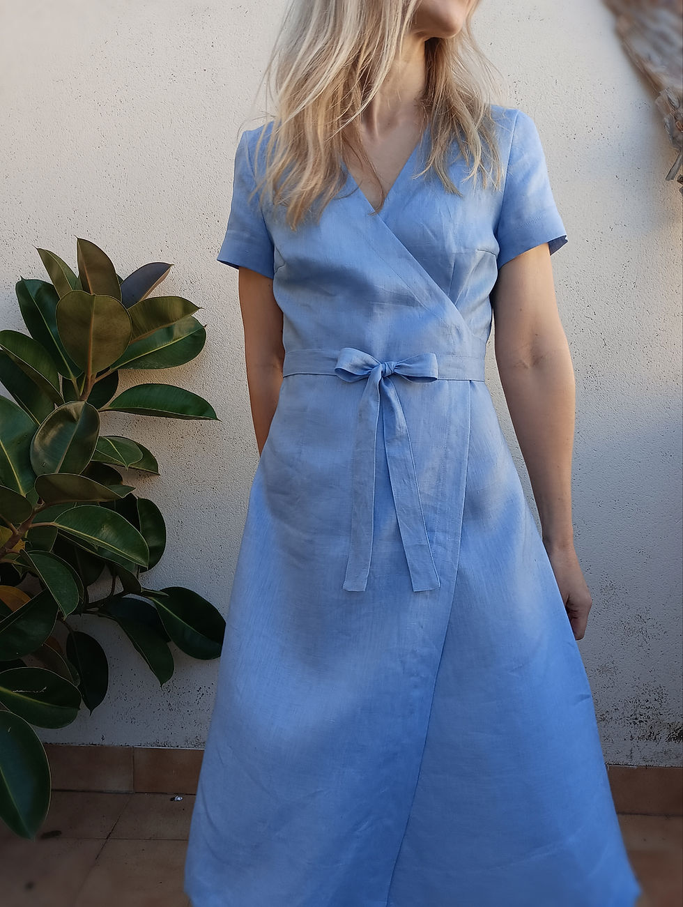 Thumbnail: Lupine blue / SNOWDROP / short-sleeve A-line midi length wrap-dress / medium weight linen / handmade by Kadrika