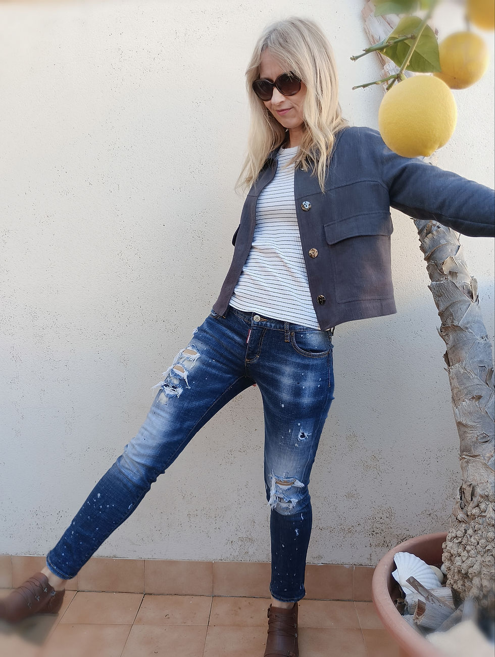 Thumbnail: Midnight blue / GREEN DANDELION / cropped jacket with long sleeves / ramie tweed / handmade by Kadrika