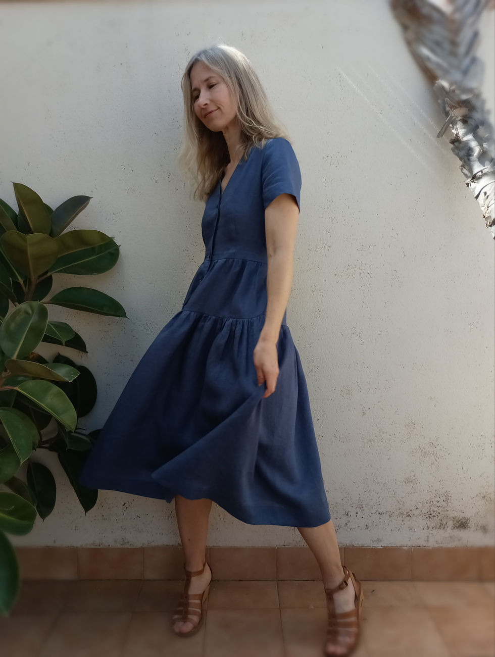 Thumbnail: Blue / SMALL LIANTRIS / button-front short-sleeve dress / medium weight linen / handmade by Kadrika