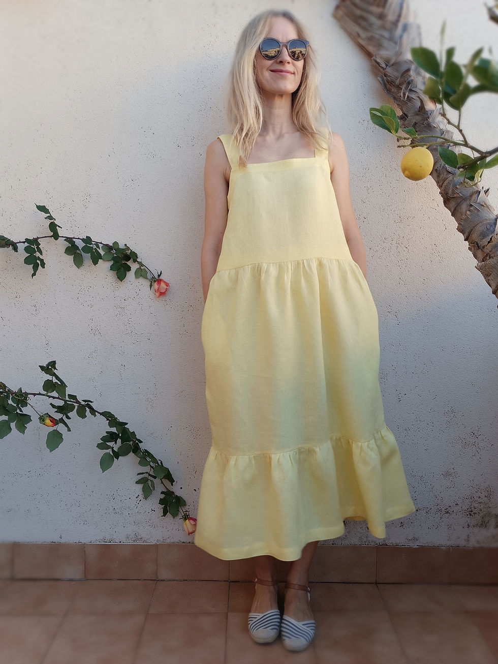 Thumbnail: Yellow / MINI ASTER / tiered strap-dress with pockets / medium weight linen / handmade by Kadrika