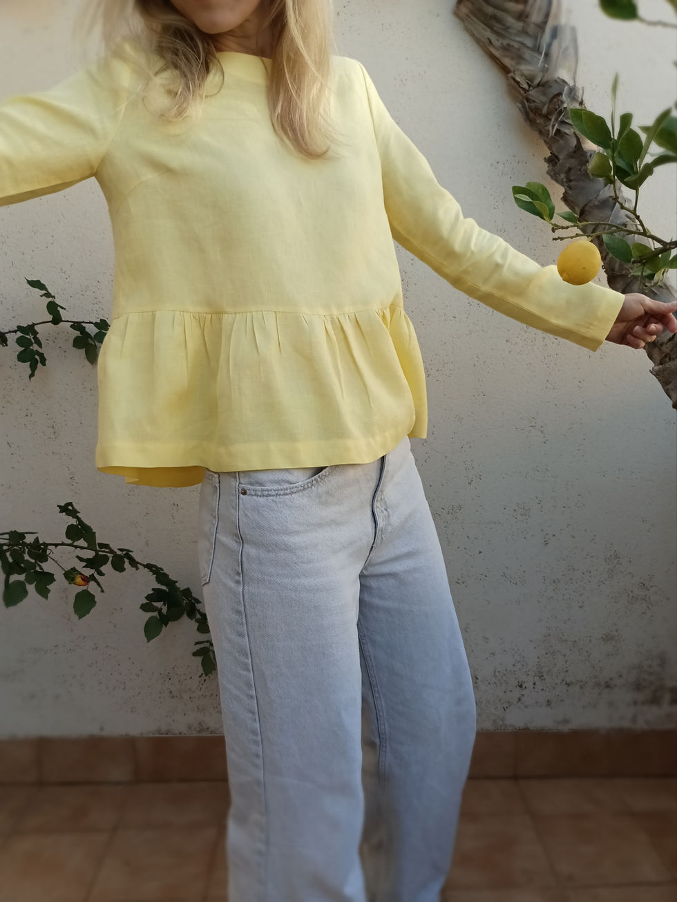 Thumbnail: Fresh yellow / FALL SALVIA / long-sleeve peplum top / medium weight linen / handmade by Kadrika