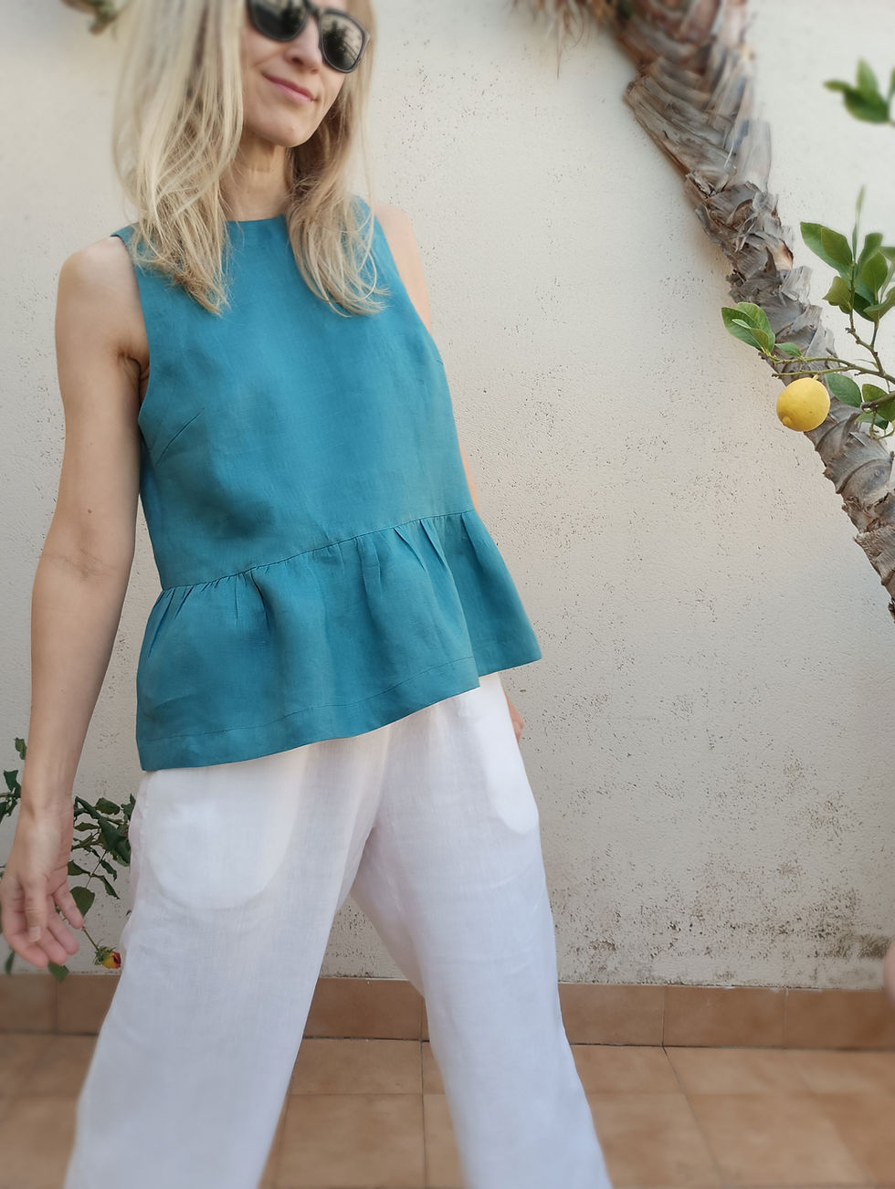 Thumbnail: Teal blue / SALVIA / sleeveless peplum top  / medium weight linen / handmade by Kadrika