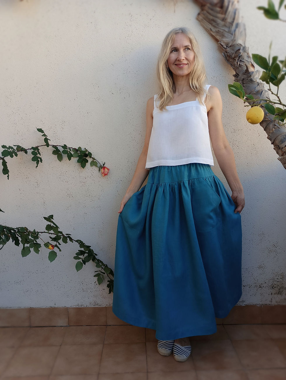 Thumbnail: Teal blue  / OLIVE  / midi skirt with side pockets / medium weight linen / handmade by Kadrika