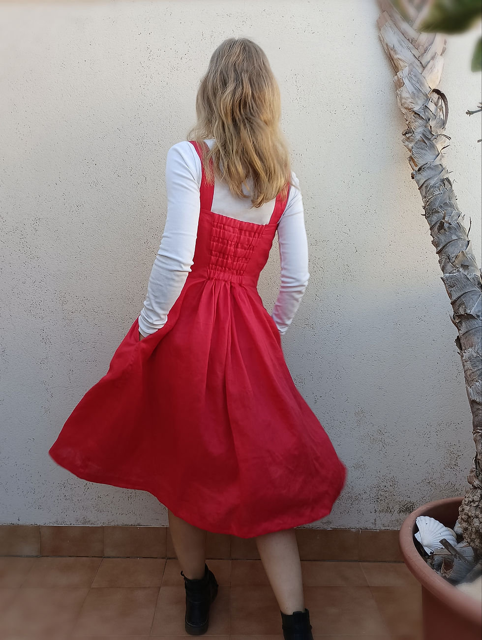 Red / CATTAIL / pleated bustier strap-dress with pockets / medium weight linen / handmade by Kadrika