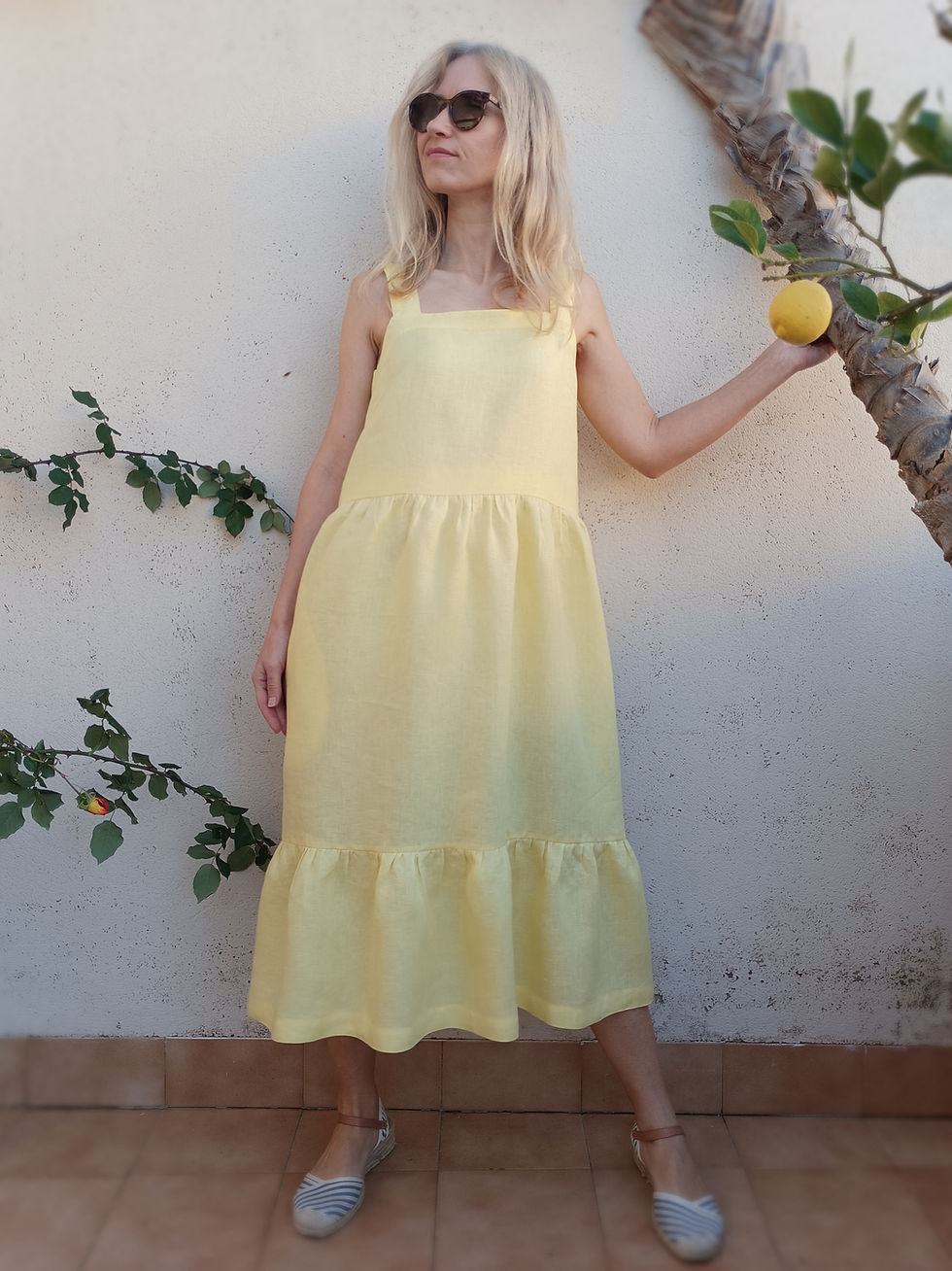Thumbnail: Yellow / MINI ASTER / tiered strap-dress with pockets / medium weight linen / handmade by Kadrika