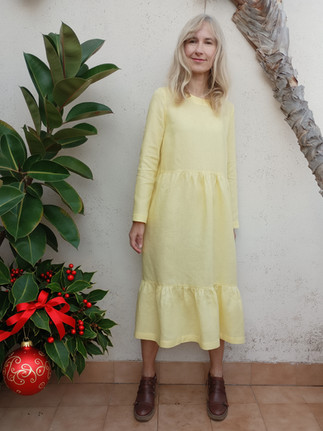 Linen, tiered, long-sleeve dress with pockets