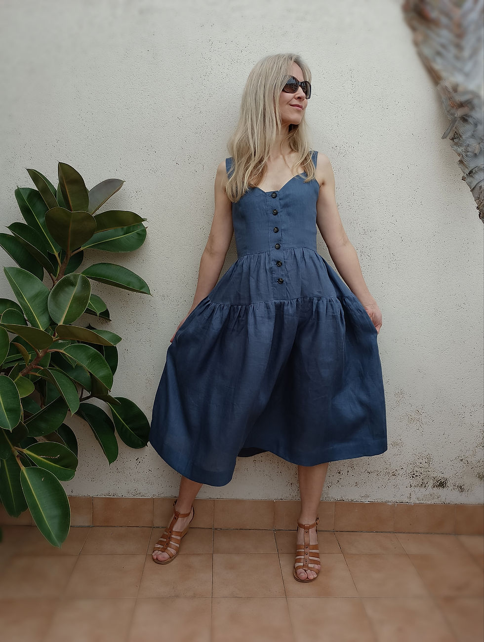 Thumbnail: Dark blue / TYPHA / button-front tiered strap-dress / lightweight linen / handmade by Kadrika
