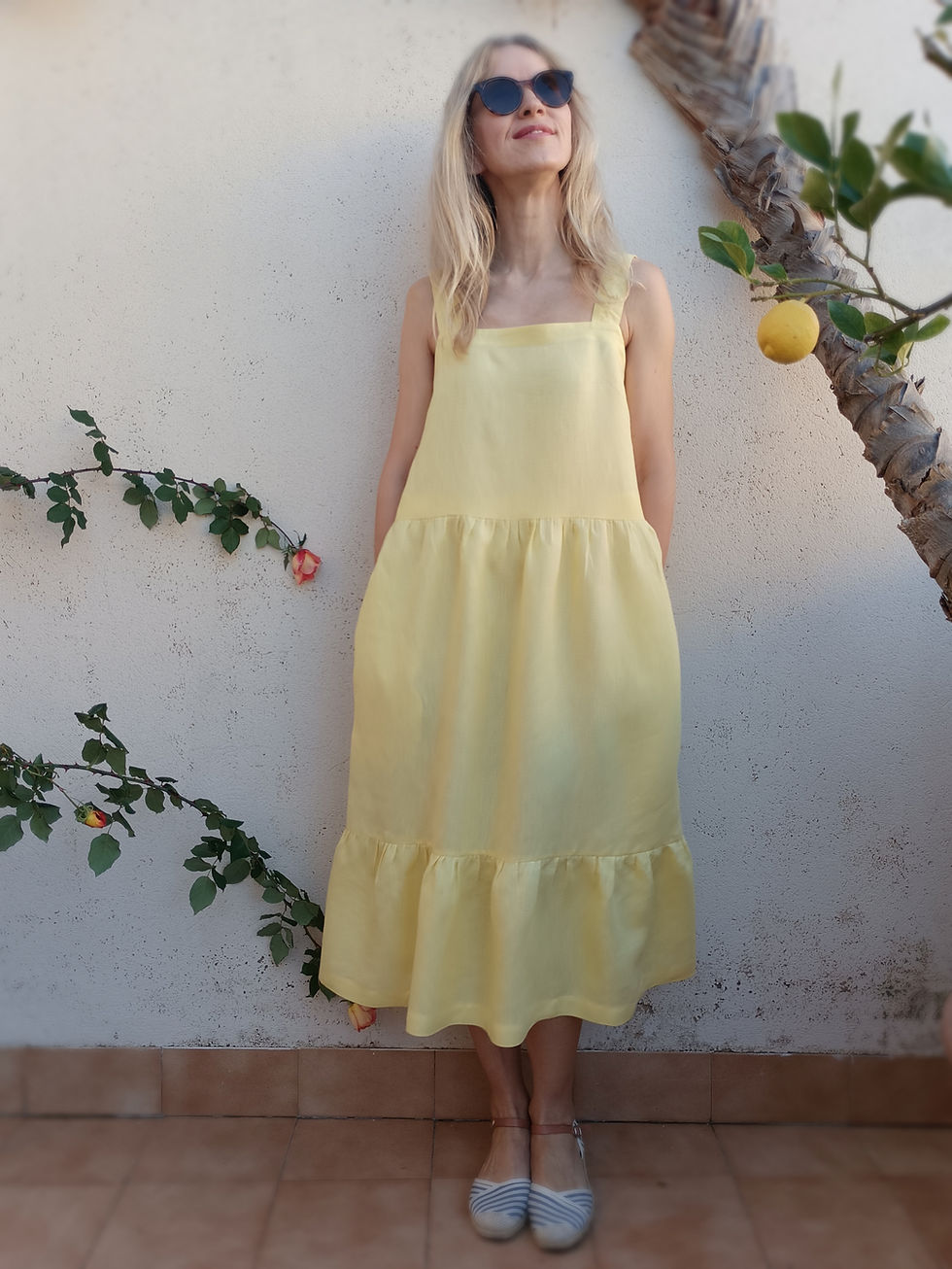 Thumbnail: Yellow / MINI ASTER / tiered strap-dress with pockets / medium weight linen / handmade by Kadrika