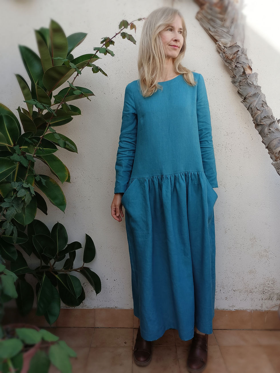 Thumbnail: Teal blue / FALL ZINNIA / long-sleeve tiered dress with pockets / medium weight linen / handmade by Kadrika