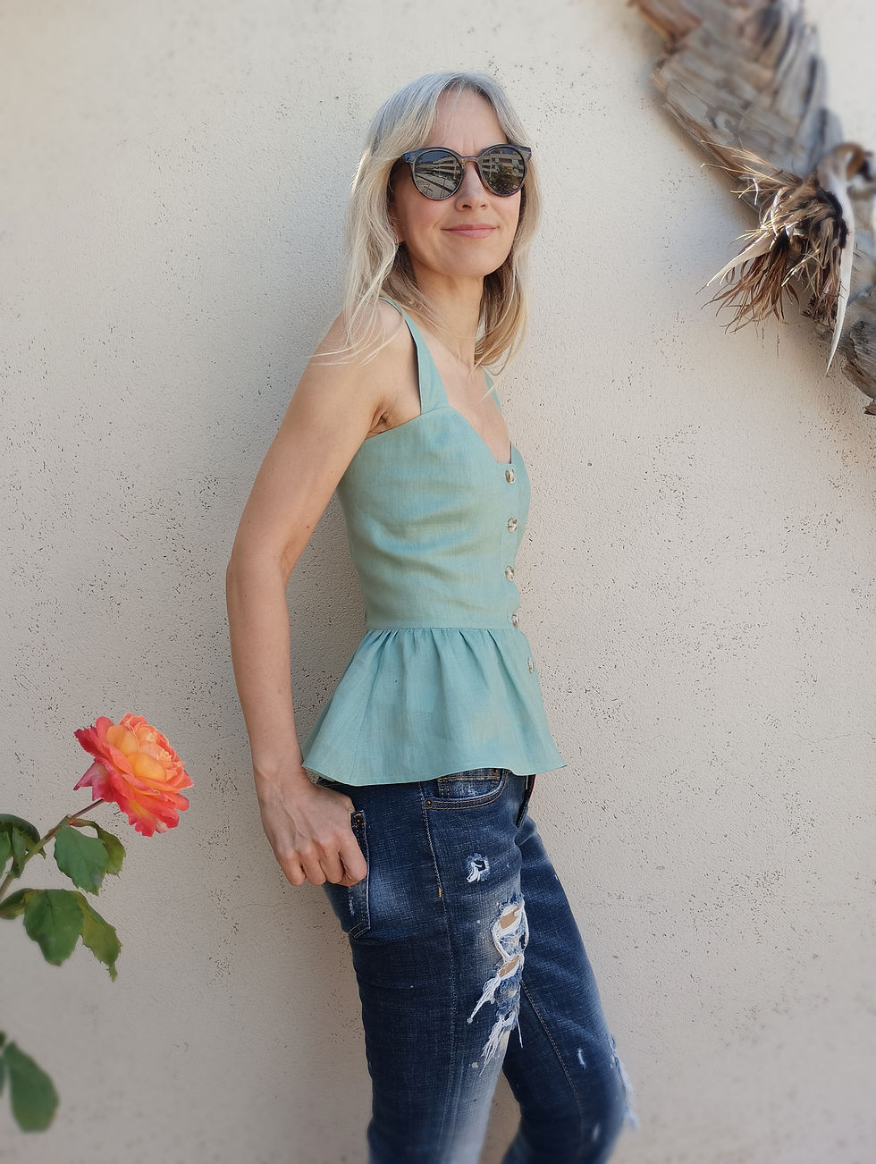 Thumbnail: Ocean green / CHAMOMILE / button-front peplum top / lightweight linen / handmade by Kadrika