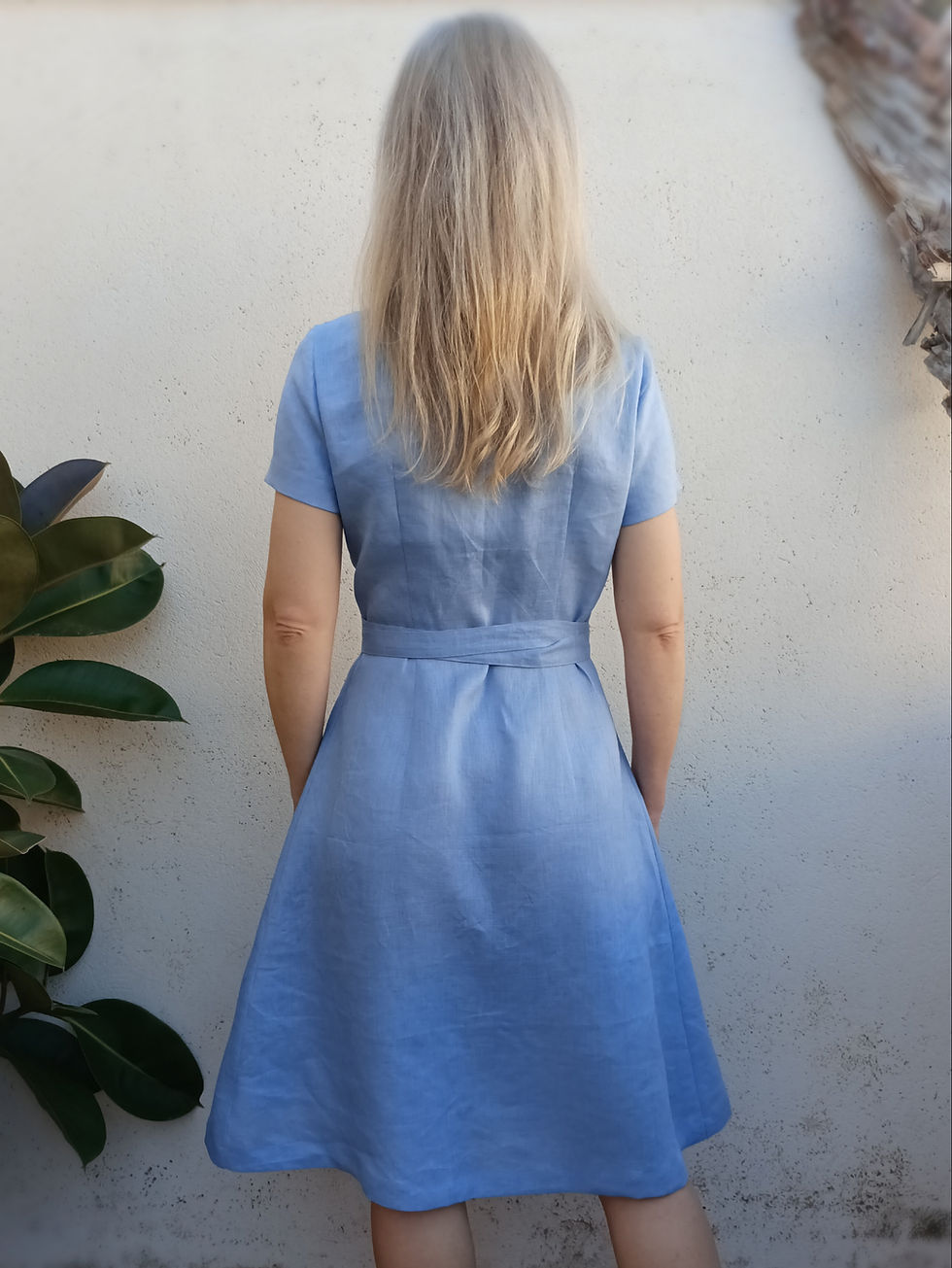 Thumbnail: Lupine blue / SNOWDROP / short-sleeve A-line midi length wrap-dress / medium weight linen / handmade by Kadrika