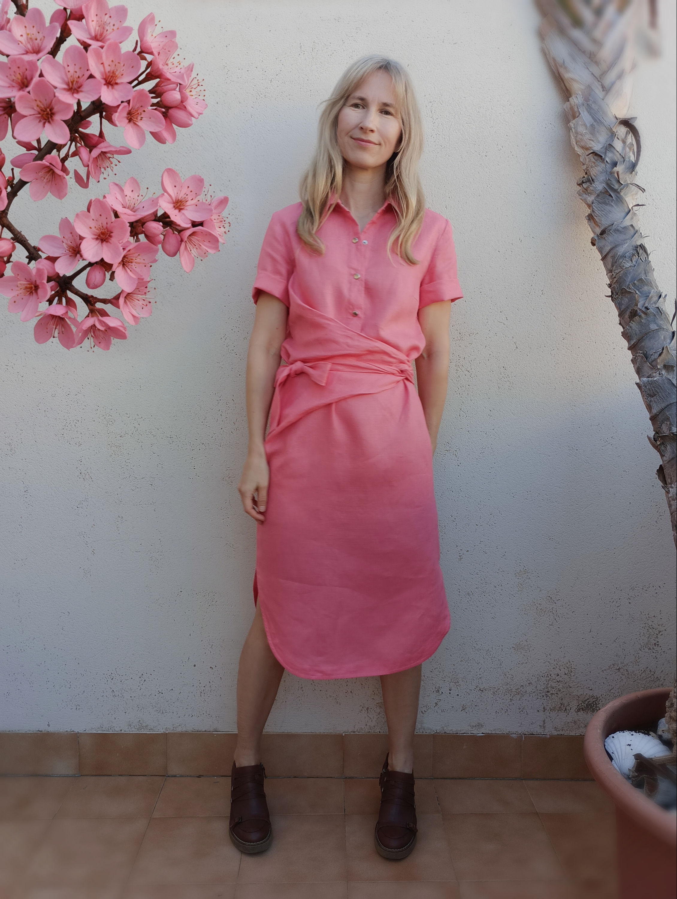 Coral pink / AZALEA / short-sleeve, wrapped shirt-dress / medium weight linen / handmade by Kadrika