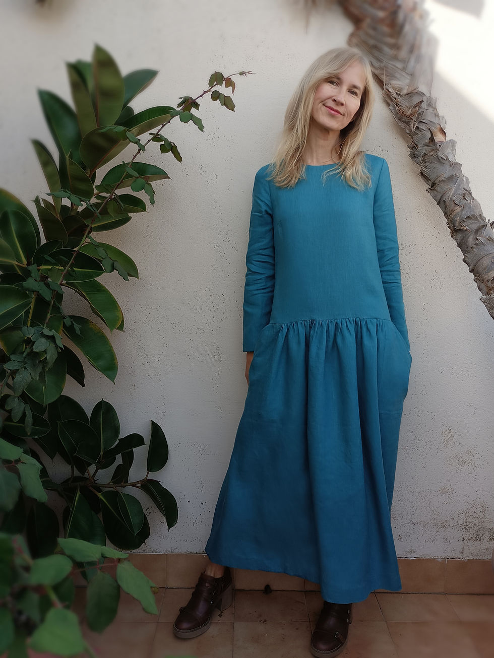 Thumbnail: Teal blue / FALL ZINNIA / long-sleeve tiered dress with pockets / medium weight linen / handmade by Kadrika