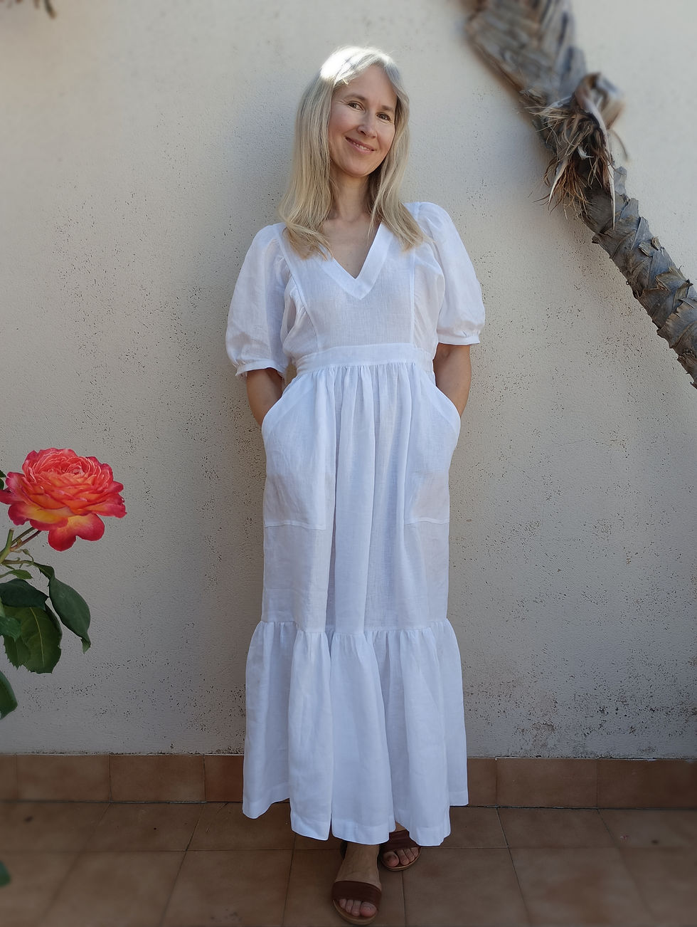 Thumbnail: White / RANUNCULUS / kimono-sleeve tiered dress with pockets / medium weight linen / handmade by Kadrika