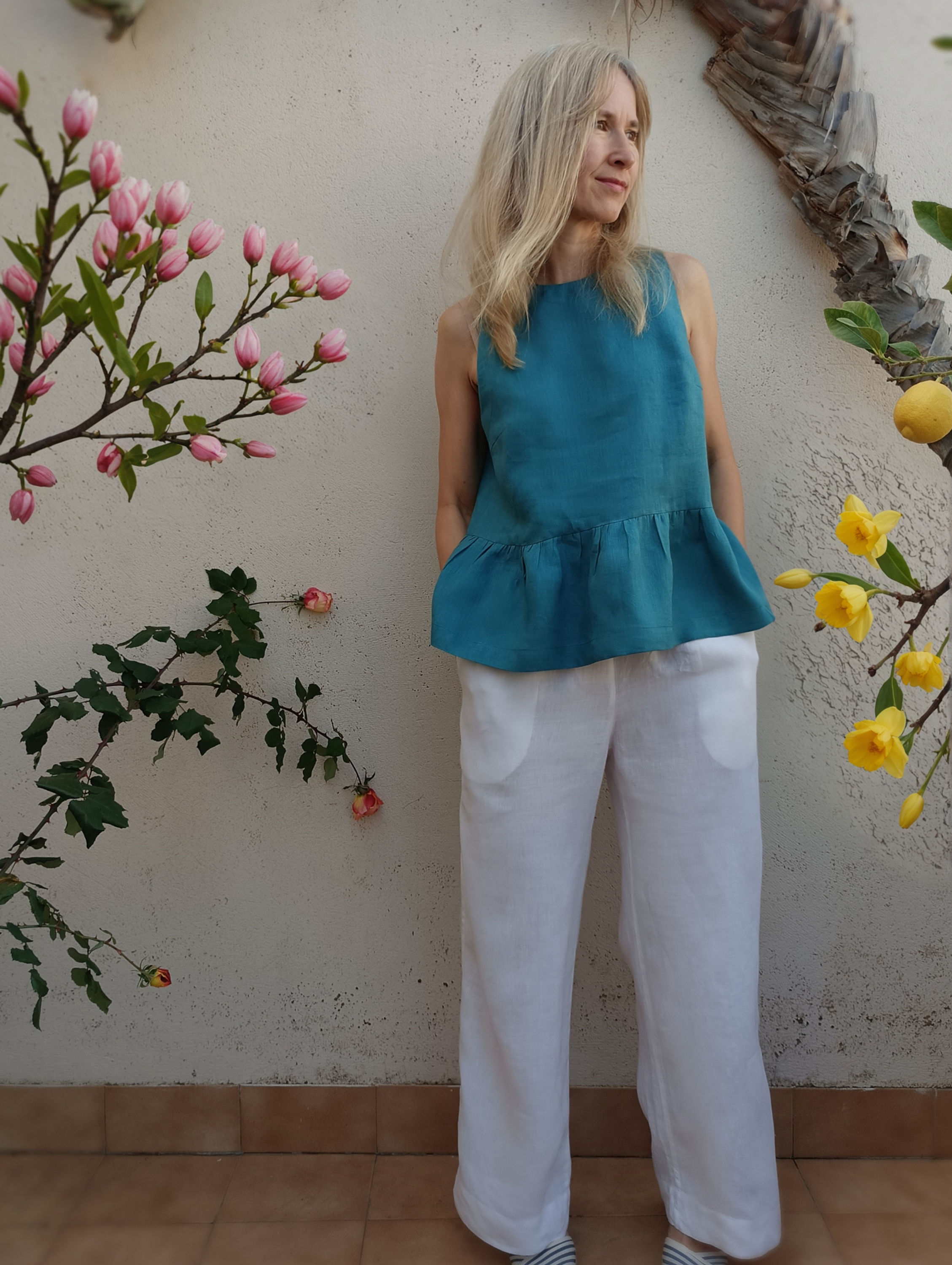Teal blue / SALVIA / sleeveless peplum top  / medium weight linen / handmade by Kadrika