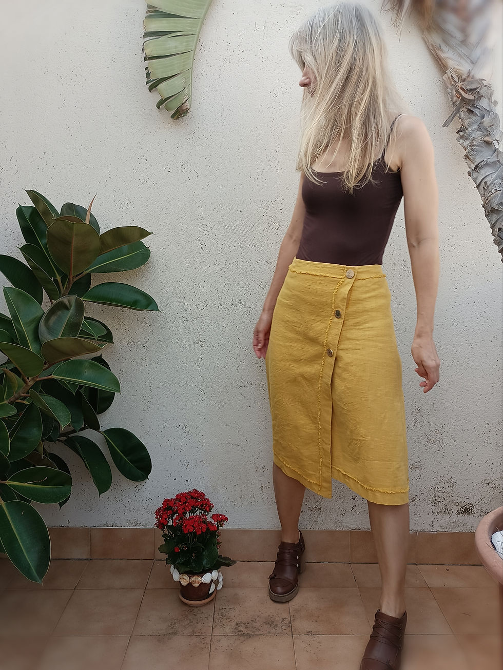 Thumbnail: Yellow / HELENIUM AUTUMNALE / wrap-skirt / ramie tweed / handmade by Kadrika
