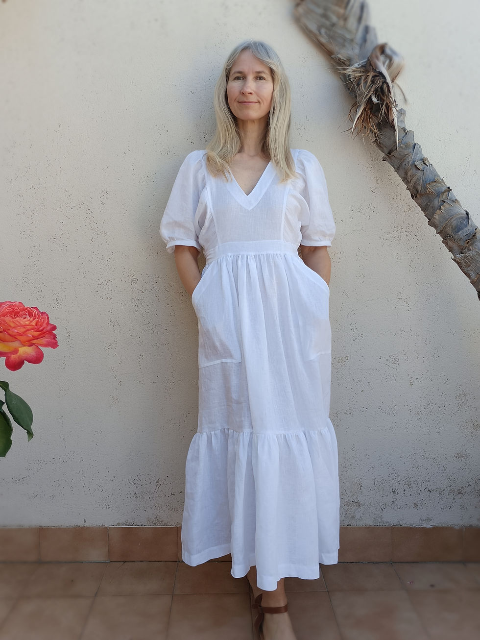 Thumbnail: White / RANUNCULUS / kimono-sleeve tiered dress with pockets / medium weight linen / handmade by Kadrika