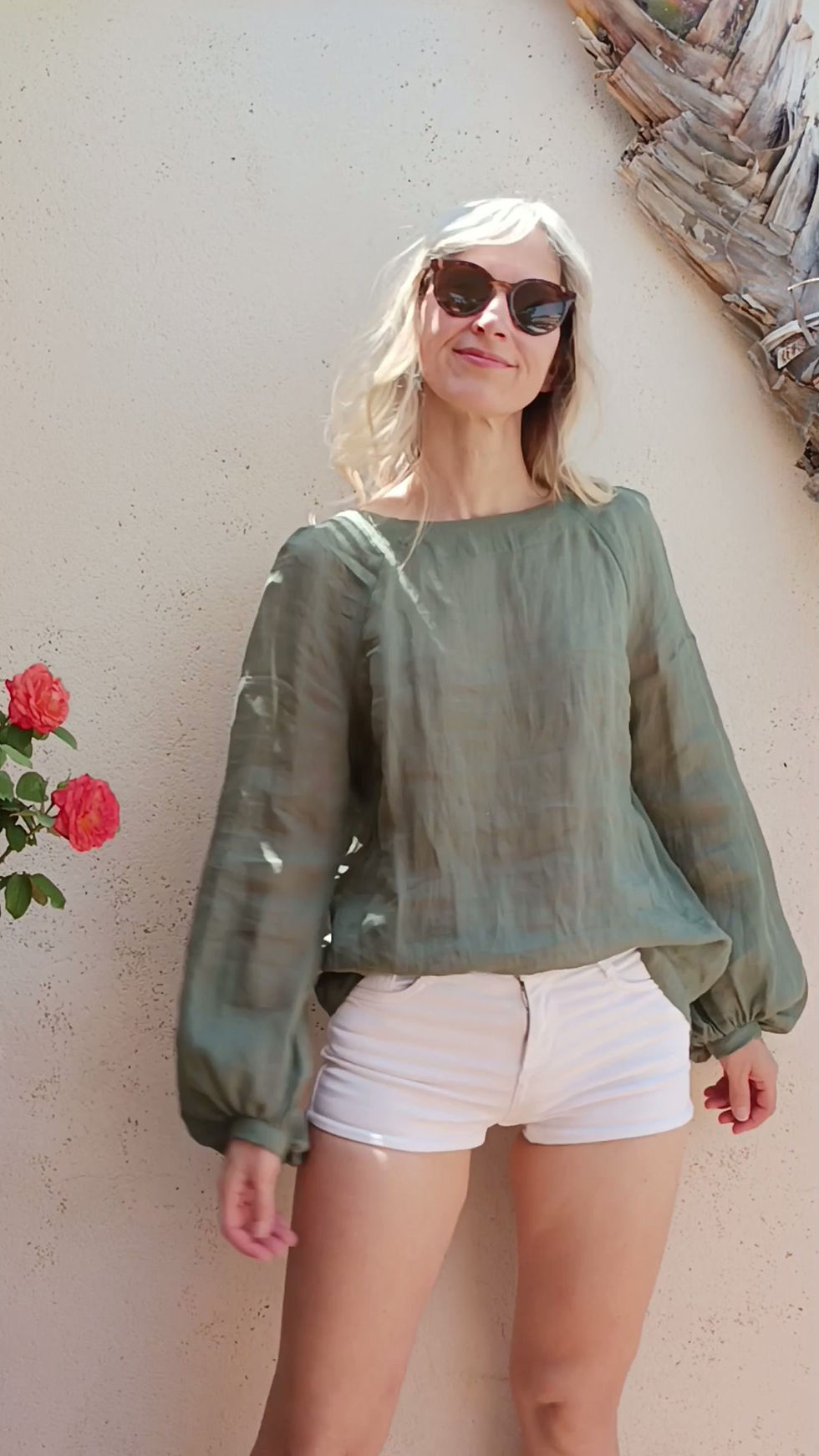 Thumbnail: Boat neck top with long puff sleeves, raglan cut / CORN / Dusty green