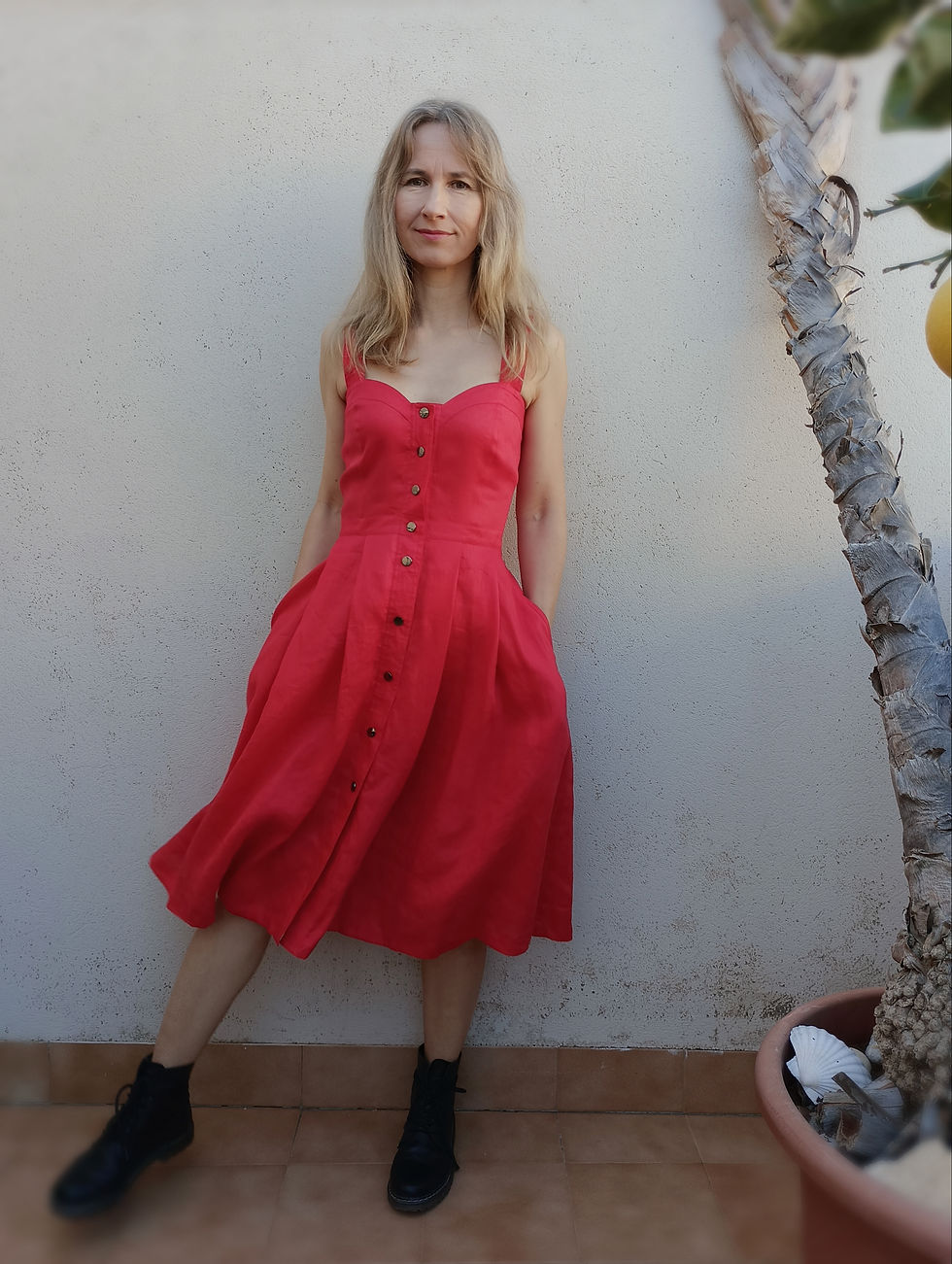 Thumbnail: Red / CATTAIL / pleated bustier strap-dress with pockets / medium weight linen / handmade by Kadrika