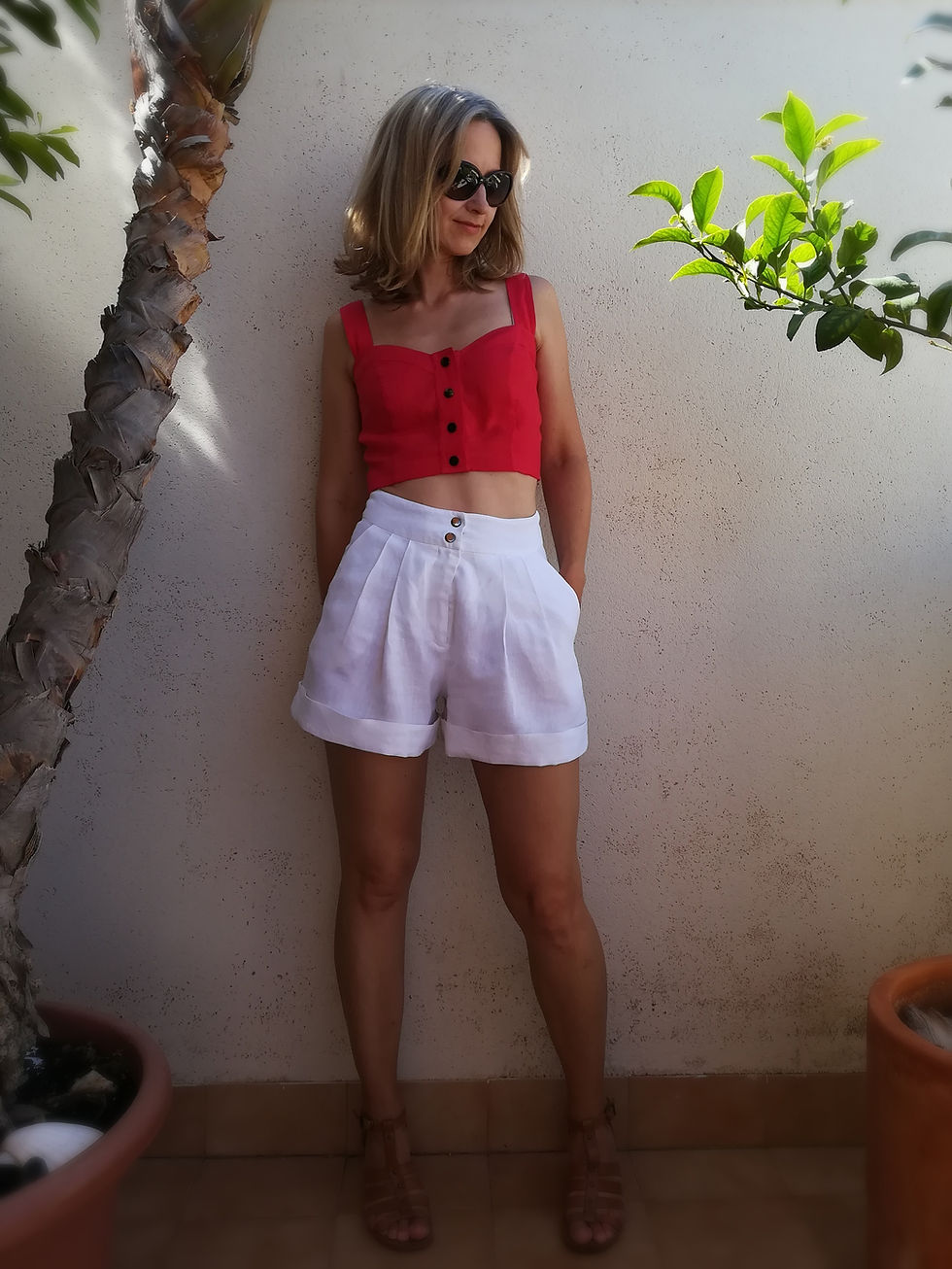 Thumbnail: White / ROSE ICEBERG / wide shorts with side pockets / medium weight linen / handmade by Kadrika