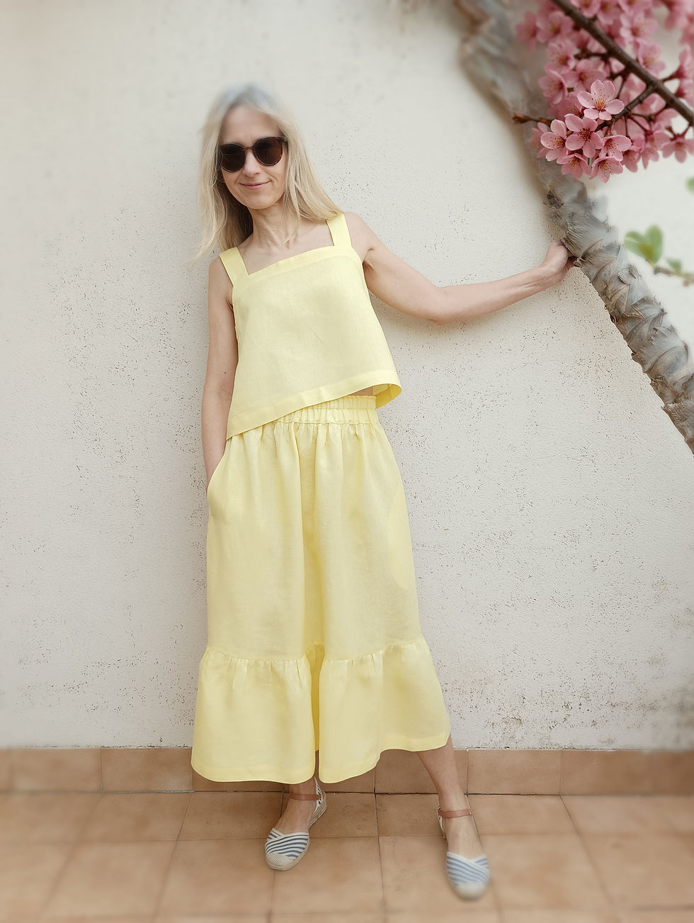 Fresh yellow  / OLIVIA  / tiered midi skirt with side pockets / medium weight linen / handmade by Kadrika