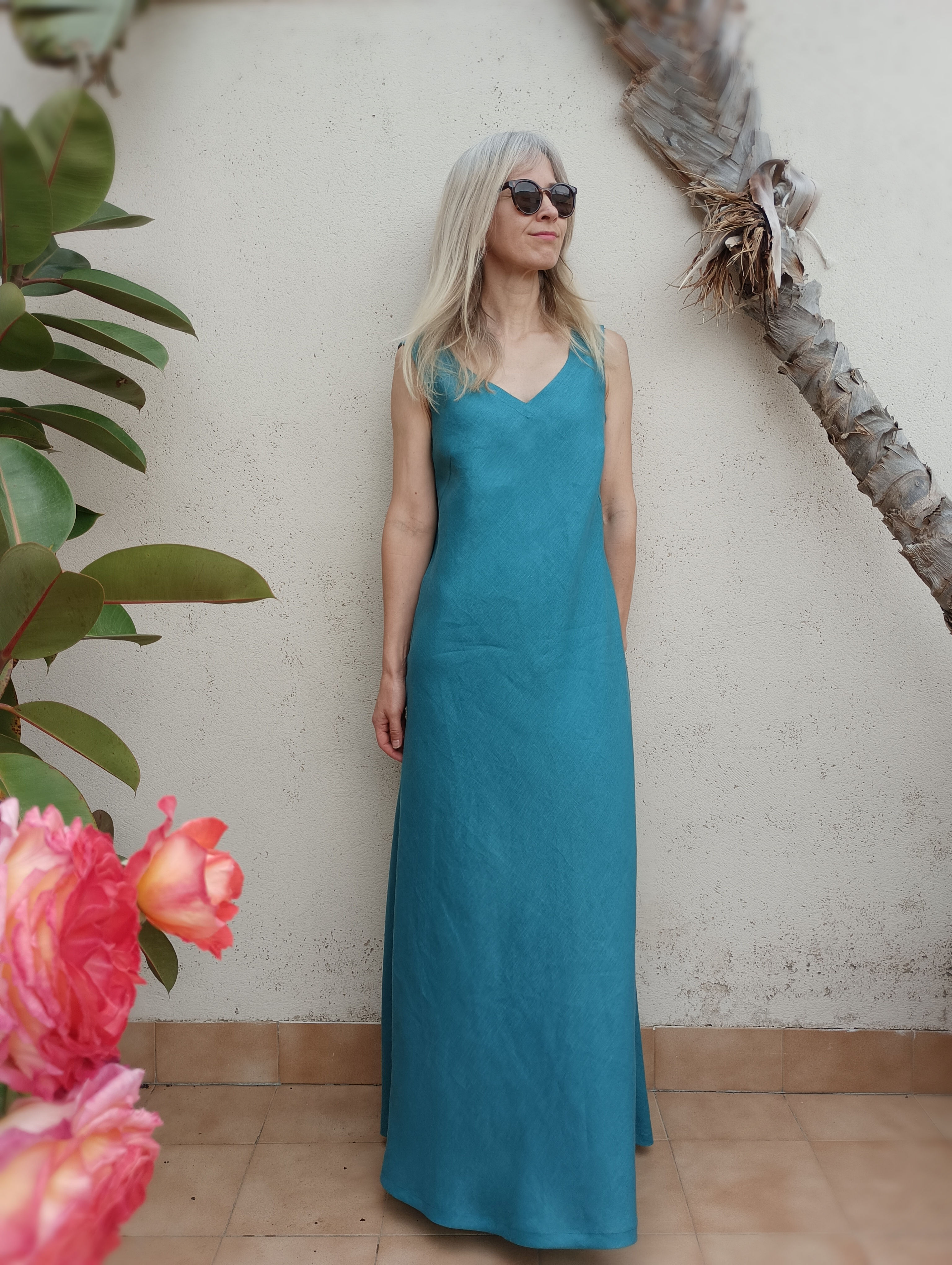 Teal blue / WHISK FERN / bias maxi dress / medium weight linen / handmade by Kadrika