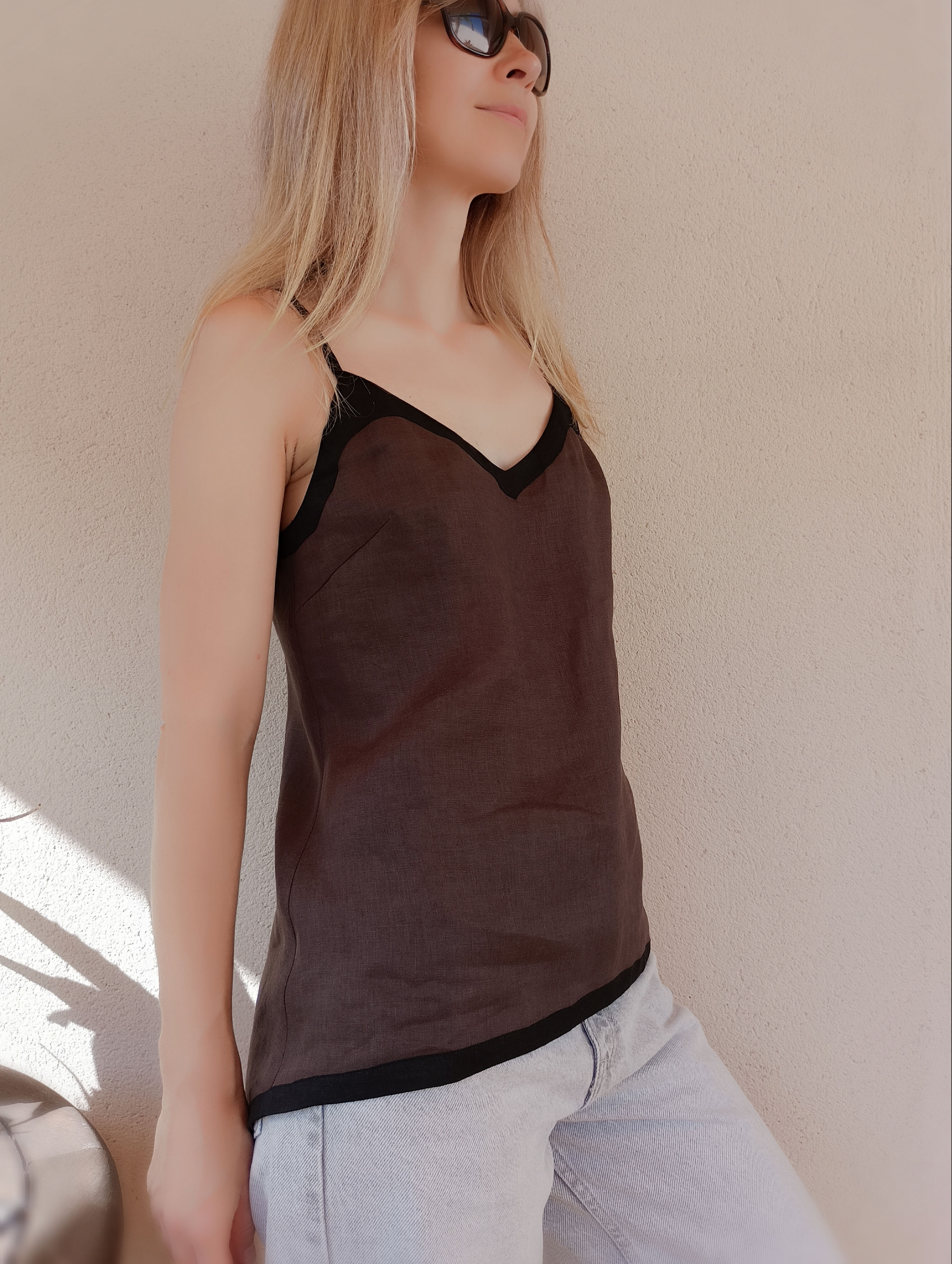 Dark chocolate / WILLOW / strap top / lightweight linen / handmade by Kadrika
