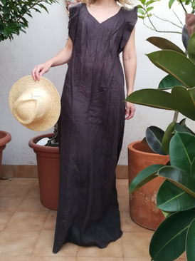 Bias cut, elegant maxi dress, lightweight linen, dark chocolate